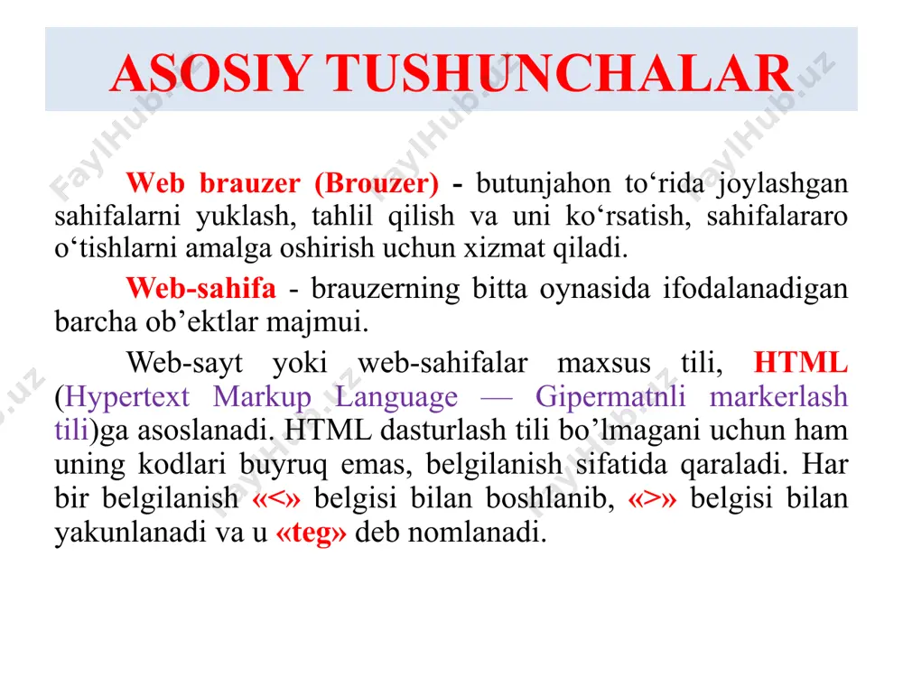 tana qismi birinchisi - . u hujjat xml, xhtml yoki butunlay boshqa tilda emas, aynan htmlda yozilganligini anglatadi. u shuningdek html hujjatning html 5 talqinida yozilganini ham anglatadi. html hujjatning umumiy tuzilishi ikkinchisi - bosh qismi. u head tegi ichida yoziladi va hujjatni shakllantirish uchun kerakli ma’lumotlarni o’zida jamlaydi. unda hujjat qanday kodlamada ekanligi, nishonchasi, sarlavhasi hamda unga qo’shimcha yuklanadigan fayllar ro’yxati va boshqa muhim ma’lumotlar yoziladi. har bir qo’shimcha ko’rsatilgan fayl yuklanib bo’lishi bilan ishga tushadi, ya’ni undagi kodlar taxlil qilinib akslantiriladi. shuning uchun ham bosh qismida brauzerda ko’rinuvchi ifodalar yozib bo’lmaydi deya olmaymiz. ammo bunday yozish tavsiya etilmaydi. html hujjatning umumiy tuzilishi html hujjatning umumiy tuzilishi html hujjatning umumiy tuzilishi html hujjatning umumiy tuzilishi ikkinchisi - bosh qismi. u head tegi ichida yoziladi va hujjatni shakllantirish uchun kerakli ma’lumotlarni o’zida jamlaydi. unda hujjat qanday kodlamada ekanligi, nishonchasi, sarlavhasi hamda unga qo’shimcha yuklanadigan fayllar ro’yxati va boshqa muhim ma’lumotlar …