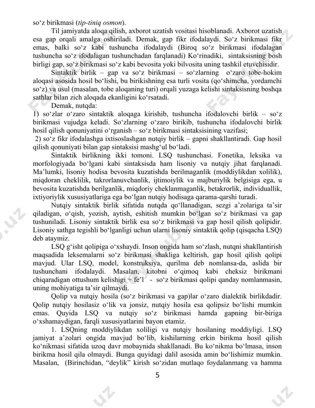 yatlarini bayon etamiz. 1. lsqning moddiylikdan xoliligi va nutqiy hosilaning moddiyligi. lsq jamiyat a’zolari ongida mavjud bo‘lib, kishilarning erkin birikma hosil qilish ko‘nikmasi sifatida uzoq davr mobaynida shakllanadi. bu ko‘nikma bo‘lmasa, inson birikma hosil qila olmaydi. bunga quyidagi dalil asosida amin bo‘lishimiz mumkin. masalan, (birinchidan, “deylik” kirish so‘zidan mutlaqo foydalanmang va hamma joyda o‘chirib chiqing – bu sahroyilik, savodsizlik belgisi. ikkinchidan -lar qoshimchasini “yutish” bas qiling!), biror tilni, chunonchi, ingliz tilini o‘rganmoqchi bo‘lgan kishi ongida bu tilga xos birikma tuzish ko‘nikmasi – lsq shakllanmagan bo‘lsa, o‘zbekcha kitob va o‘qimoq so‘zining ingliz tilidagi a book va to read muqobilini bilsa-da, birikma hosil qila olmaydi yoxud o‘zbek tiliga xos ot tushum kelishigi q fe’l qolipi (bundagi q nima?) asosida a book to read deya oladi, xolos. ingliz tilida esa kitobni o‘qimoq birikmasini hosil qiluvchi lsq to vq the n ko‘rinishida bo‘lib, undan to read the book, to write the letter kabi hosila …