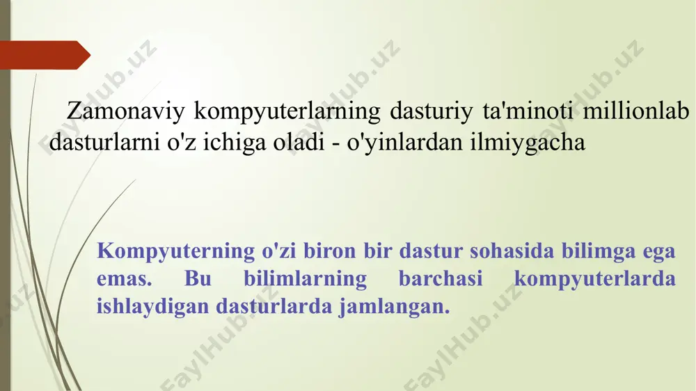 sturlarning bajarilishini tashkil etishdir. operatsion tizim xususiyatlariga quyidagilar kiradi: • foydalanuvchi bilan muloqotni amalga oshirish; • ma'lumotlarni boshqarish; • dasturni qayta ishlash jarayonini rejalashtirish va tashkil etish; • resurslarni taqsimlash (ram va kesh, protsessor, tashqi qurilmalar); • dasturlarni bajarish uchun ishga tushirish; • barcha turdagi yordamchi xizmat operatsiyalari; • turli ichki qurilmalar o'rtasida axborot uzatish; • periferik qurilmalar (displey, klaviatura, disk drayvlar, printer va boshqalar) ishlashini dasturiy ta'minot. ms dos operatsion tizimi u quyidagi asosiy modullardan iborat: • asosiy kiritish/chiqarish tizimi (bios); • yuklash bloki ( boot rekord ); • asosiy kiritish/chiqarish tizimini kengaytirish moduli (io.sys); • uzilishlar bilan ishlash moduli (msdos.sys); • buyruq protsessori (command.com); • ms dos utilitlari. /docprops/thumbnail.jpeg