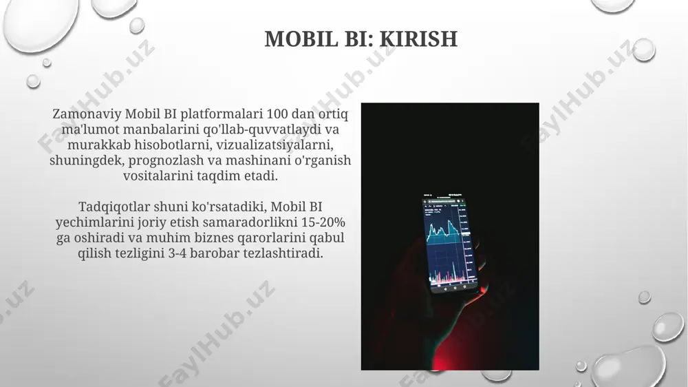 alashtiradi va tezlashtiradi. mobil bi yordamida olingan ma'lumotlar asosida qabul qilingan tezkor qarorlar, raqobatbardoshlikni 15% ga oshirishga olib kelishi mumkin. mobil bi dasturlari mobil bi dasturlari korxonalarga real vaqt rejimida 100 tagacha ko'rsatkichni kuzatish, tahlil qilish va tezkor qarorlar qabul qilish imkonini beradi, bu esa samaradorlikni oshiradi. ba'zi mobil bi platformalari 500 dan ortiq ma'lumot manbalarini qo'llab-quvvatlaydi, shu jumladan bulutli xizmatlar va korxona dasturlarini o'z ichiga oladi, bu esa ma'lumotlarga yagona kirish nuqtasini ta'minlaydi. e'tiboringiz uchun rahmat @taqdimot_robot image3.png image4.jpg image5.jpg image6.jpg image7.jpg image8.jpg image9.jpg image10.jpg image11.jpg image12.jpg image13.jpg image14.jpg image1.png