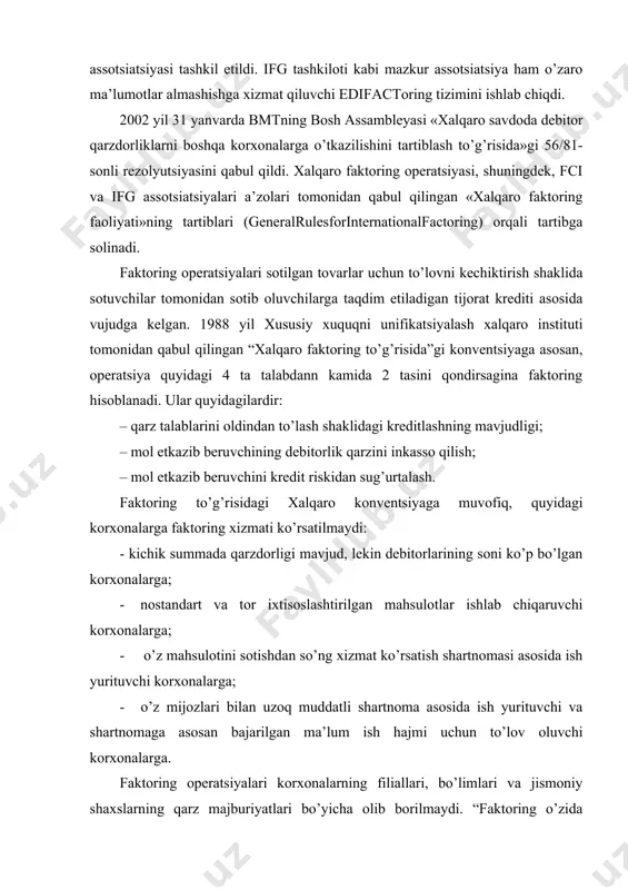 lgilangan foiz asosida sotadi”, - deb shanon o’zining faktoring to’g’risidagi fikrlarini bildirgan. faktoring yangi bank xizmat turlaridan biri bo’lib hisoblanadi. shuni ta’kidlab o’tish lozimki, faktoring bank uchun noan’anaviy xizmat turi hisoblanadi. chunki, faktoring operatsiyasi bilan maxsus faktoring kompaniyalari ham shug’ullanadilar. faktoring operatsiyasining asosiy maqsadi mijozlarning qarzdorligini o’z vaqtida inkasso qilish, to’lovlarni o’z muddatida undirish, shubhali qarzdorliklarni paydo bo’lishini oldini olish, mijozlarning likvidligini oshirish va ularning moliyaviy risklarini pasaytirishdan iboratdir. faktoring asosida bank (faktor firma) tomonidan mijozning jo’natilgan tovarlar, ko’rsatilgan xizmatlar bo’yicha hisob-varaqlarini (talabnomalarini) asosiy qismi (70 foizdan-90 foizgacha) “kesh” usulida (tezda 2-3 kun ichida) sotib olinadi va qolgan qismi (kredit uchun foizini chegirib tashlangan holda) debitorlardan tushum kelib tushmasligidan qat’iy nazar belgilangan muddatda to’lab beriladi. shuni uchun xalqaro bank amaliyotida ta’minot sotuvchi kreditlash, deb ham ataladi. faktoring uchun to’lov va komission xizmatlar uchun to’lov mahsulot etkazib beruvchi va faktor firmasi (bank) o’rtasidagi tuziladigan shartnomada ko’zda tutiladi. faktoring operatsiyalarida doim 3 …