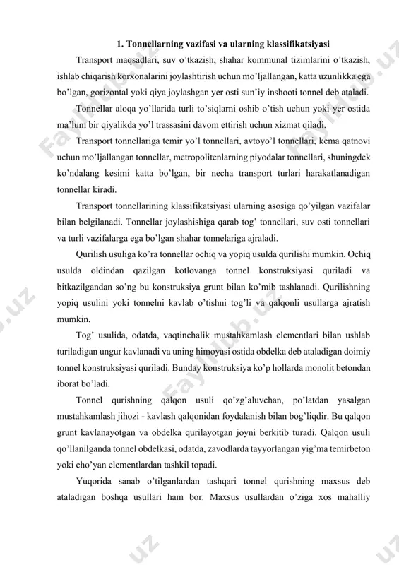 a temirbeton yoki cho’yan elementlardan tashkil topadi. yuqorida sanab o’tilganlardan tashqari tonnel qurishning maxsus deb ataladigan boshqa usullari ham bor. maxsus usullardan o’ziga xos mahalliy sharoitlarda, boshqa usullardan foydalanilganda ancha qiyinchiliklar kelib chiqadigan hollarda qo’llaniladi. tonnellar to’siqlarni aylanib o’tmasdan ularni kesib o’tishi tufayli qiyin geologik sharoitlarda aloqa yo’llarini trassalash imkoniyatini kengaytiradi. yo’l trassasida uchraydigan to’siqlarni baland va konturli to’siqlarga ajratish mumkin. baland to’siqlarga tog’ cho’qqilari, tepaliklar va suv ajratuvchi balandliklar kiradi. temir yoki avtomobil yo’lini trassalashda uch yechim bo’lishi mumkin, ya’ni tepalik to’sig’ini aylanib o’tish, yo’lni dovon tomonga ko’tarilishi uchun chuqurlikda davom ettirish va, nihoyat, bu baland to’siqning ikki tarafidagi qiyaliklarini birlashtirib turadigan tonnel qurish (1-rasm). rasm 1. baland to’siqni o’tishda trassa variantlari to’siq aylanib o’tilganda yo’l ancha uzayadi, qiyaliklar kattaligi oshadi va shu sababdan temir yo’lning alohida uchastkalarida poyezd tortish kuchini bir necha barobar oshirishga to’g’ri keladi. bu esa aloqa yo’lining ekspluatatsiya ko’rsatkichlarini pasayishiga olib kelishi mumkin. agar trassa …
