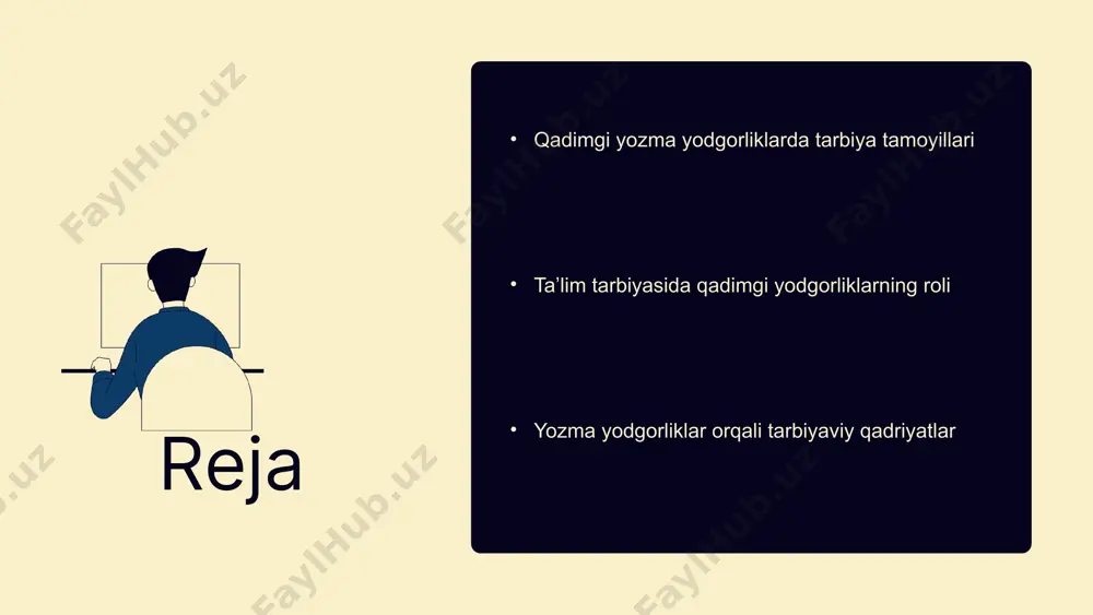 lgan. uning fikrlarini zamonaviy ta'lim tizimiga tatbiq etish, o'quvchilarni ruhiy va ma'naviy jihatdan rivojlantirishda ahamiyatli. navoiy, o'z asarlarida bilim va tarbiyani bir butun sifatida ko'radi. 1 2 xulosa: qadimgi yodgorliklarning ta'limdagi o'rni - qadimgi yozma yodgorliklar ta'lim jarayonida muhim o'rin tutadi. ular nafaqat bilim manbai, balki tarbiya tamoyillarining asoslarini o'z ichiga oladi. - tarbiya tamoyillari zamonaviy ta'lim tizimida muhim ahamiyatga ega. ular ilg'or metodlar va pedagogik yondashuvlarni rivojlantirishga yordam beradi. - qadimgi yodgorliklarni o'rganish kelajak avlodlar uchun ahamiyatlidir. bu, o'z navbatida, tarixiy va madaniy merosni saqlashda katta rol o'ynaydi. qadimgi yodgorliklar: ta'lim tarixiga kirish - qadimgi yodgorliklarning ta'limdagi ahamiyati: ular bilimlarni saqlash va uzatishda muhim rol o'ynagan. - tarixiy kontekst va yodgorliklar: har bir yodgorlik o'z davrining madaniyati va bilimini aks ettiradi. - yodgorliklar orqali o'rganilgan bilimlar: qadimgi matnlar va yodgorliklar orqali tarix, falsafa va ilm-fan asoslari o'rganiladi. photo by ali morshedlou on unsplash yozma yodgorliklar: ta'lim mazmuni yozma yodgorliklar …