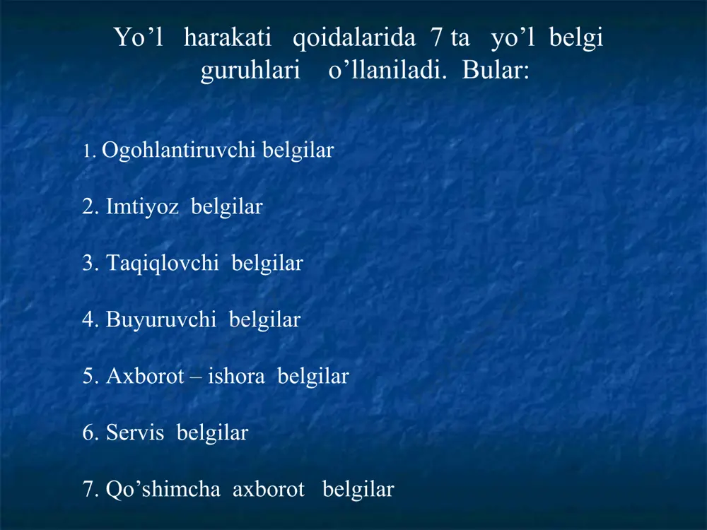 .10,1.21 va 1.23 belgilari takrorlanadi. ikkinchi belgi yo’lning xavfli qismi boshlanishiga kamida 50 metr qolganda o’rnatiladi. agar qatnov qismida qisqa muddatli yo’l ishlari olib borilayotgan bo’lsa, 1.23 belgisi ish bajarilayotgan joyga 10-15 metr masofa yetmasdan (7.11 qo’shimcha belgisiz) o’rnatilishi mumkin. 1.3.1 va 1.3.2 belgilari bevosita temir yo’l kesishmasining oldiga o’rnatiladi. imtiyoz belgilari – chorrahalarda, alohida joylashgan qatnov qismlari kesishgan joylarda, shuningdek, yo’lning tor qismida yo’l harakati qatnashchilarining harakatlanishi navbatini belgilash uchun qo’llaniladi. imtiyoz belgilari 7 ta bo’lib, ular ko’rinishi jihatidan har xil, chunki bu belgi guruhi boshqa yo’l belgi guruhlaridan tashkil topgan. shuning uchun ham uchburchak, to’rtburchak va doira shaklidagi ko’rinishga ega. bu belgilar bevosita kesishma, tutashma va yo’lning tor qismlariga o’rnatiladi. 2.1. ”asosiy yo’l”. harakat tartibga solinmagan chorrahalarda ikkiichi darajali yo’lda harakatlanayotgan transport vositasidan oldin o’tish huquqi beriladigan yo’liing boshlanishi. 2.2. ”asosiy yo’lning oxiri”. 2.3.1. ”ikkinchi darajali yo’l bilan kesishuv”. 2.3.2.2.3.3. ”ikkinchi darajali yo’lning tutashuvi”. 2.3.2 — tutashuv o’ngdan, …