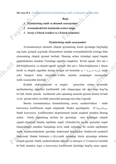 avtomatlashtirish tizimlarining statik va dinamik xususiyatlar — DOC