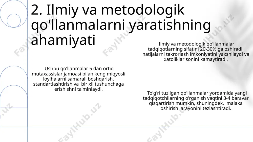 qo'llanmani maqsadli auditoriyaga (masalan, 1000 nafar o'qituvchi va 2000 nafar talaba) taqdimotlar, seminarlar va onlayn platformalar orqali tarqatish uni yanada samarali qiladi. 11. qo'llanmani nashr etish va tarqatish zamonaviy texnologiyalar, masalan, bulutli xizmatlar (cloud computing) yordamida ma’lumotlarni 100 tb gacha saqlash va 1000 dan ortiq foydalanuvchi bilan real vaqt rejimida hamkorlik qilish imkoniyatini beradi. ilmiy qo'llanmalarni yaratishda 3d modellashtirish va simulyatsiya dasturlari eksperimentlarni virtual ravishda o'tkazishga, natijalarni vizualizatsiya qilishga va xarajatlarni 30% gacha kamaytirishga yordam beradi. ai-asoslangan tahlil vositalari katta hajmdagi ma'lumotlarni (big data) tezkor va aniq tahlil qilish imkonini berib, tadqiqot natijalarining ishonchliligini 20% ga oshiradi va vaqtni tejaydi. 12. zamonaviy texnologiyalardan foydalanish e'tiboringiz uchun rahmat @taqdimot_robot image1.png image2.png image3.png image4.png image5.png image6.png image7.png image8.png image9.png image10.png image11.png image12.png image13.png
