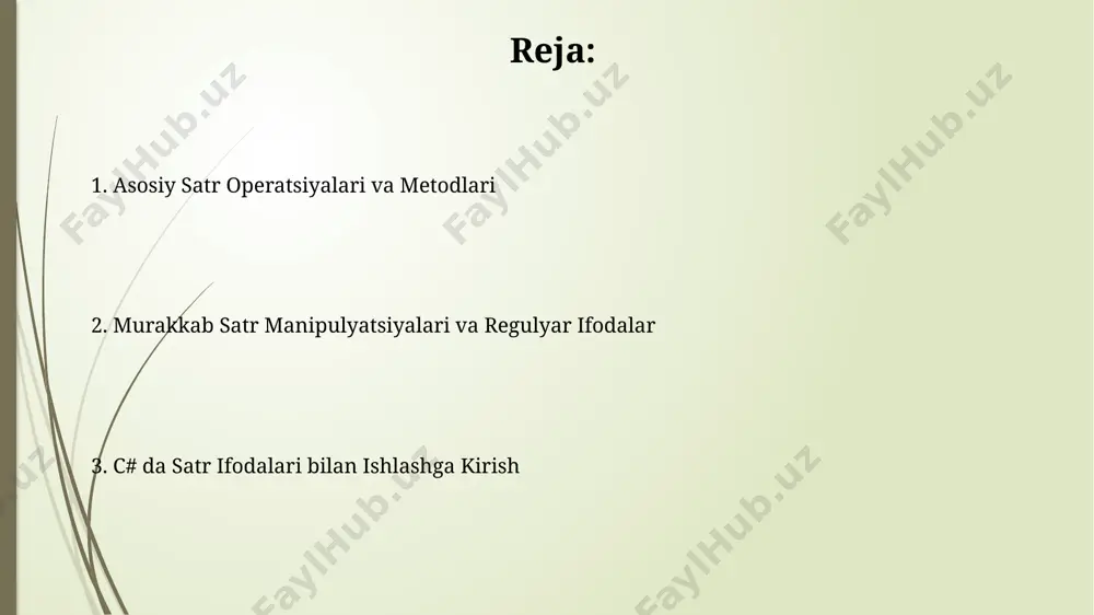 , 10 ta belgi) osongina aniqlash mumkin. stringlarni birlashtirish va qo'shish c string.join() metodi bir nechta stringni bitta stringga, ular orasiga belgilar qo‘shib birlashtirish imkonini beradi. masalan, 3 ta stringni vergul bilan ajratib birlashtirish uchun string.join(",", "olma", "anor", "nok") ishlatiladi. stringlarni taqqoslash stringlarni taqqoslashda `referenceequals()` metodi ikki o'zgaruvchining xotirada bir xil joyni egallaganligini tekshiradi. masalan, ikkita o'zgaruvchi bir xil string obyektini ko'rsatsa, natija `true` bo'ladi. da stringlarni taqqoslashda `equals()` metodi katta-kichik harflarga sezgir bo'lib, "hello" va "hello" stringlarini farqli deb baholaydi, lekin `compare()` metodi katta-kichik harflarga sezgirlik parametrini qabul qiladi va bu farqni hisobga olishi mumkin. string o'zgaruvchilarini e'lon qilish va boshlash `string` turi .net frameworkning system nomli majmuasiga tegishli bo'lib, uning uzunligi 2 milliarddan ortiq belgilarni saqlash imkonini beradi. c stringlarni ajratish (split) `string.split()` metodining ikkinchi parametri, qaytarilgan massivning maksimal uzunligini belgilash imkonini beradi. bu katta hajmdagi matnlarni samaraliroq qayta ishlashga yordam beradi. masalan, faqat 5 ta qism olish …