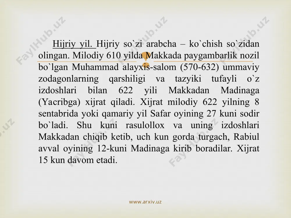on akrab qavc tarozi chayon yoy 22 sentabr – 21 oqtabr 22 oqtabr – 21 noyabr 22 noyabr – 21 dekabr qish о`kloq kо`nak baliq jadiy dalv xut tog` echkisi qovg`a baliq 22 dekabr – 21 yanvar 22 yanvar – 21 fevral 22 fevral – 21 mart www.arxiv.uz hijriy shamsiy yil hisobidan dehqonchilik, chorvachilik, umuman xо`jalik yuritish, kundalik, mavsumiy, amaliy tadbirlarni rejalashtirish, ishlarni vaqt – fursati, kezi, mavsumiga qarab asosli va tо`g`ri yо`lga qо`yish amallarida foydalaniladi. musulmonlar yil hisobiga e`tibor berganligimizning yana bir sababi mamla- katimiz kutubxonalarida 20 mingdan ortiq turli fanlarga oid kо`lyozma, bitiklar saqlanib, ularda kо`rsatilgan sanalar, yillar biz о`ylaymizki, hijriy yil hisobida qayd etilgan. xx asrning 20-yillariga qadar markaziy osiyoda shu hisob davlat ishlarida ham amal qilgan. о`z о`tmishi bilan qiziqqan har bir inson bularni bilishi kerak. www.arxiv.uz www.arxiv.uz hijriy yil hisoblari. mustaqilligimiz sharofati-yu, ajdodlarimiz merosiga an`anaviy xurmat tufayli madaniy yodgorliklarimizni о`rganishga kiziqish ortib boryapti. moziydagi shoir …