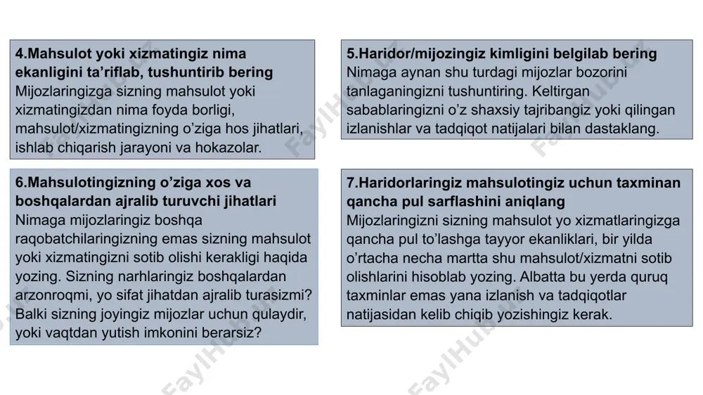 oqib, ularda qiziqish uyg’otsagina keyin detallarni bilish uchun asosiy qismni o’qishga kirishishlari mumkin. shuning uchun bu bo’lim qisqa va e’tiborni tortadigan bo’lishi kerak. biznes rejaning vazifalari bozorni tahlil qilish - sizning biznesingiz faoliyat yuritadigan bozorni, uning hajmini, o'sish sur'atini va trendlarini o'rganish. raqobatni tahlil qilish - sizning raqobatchilaringizni, ularning kuchli va zaif tomonlarini, mahsulotlari va xizmatlarini tahlil qilish. marketing strategiyasini ishlab chiqish - sizning mahsulotlaringiz yoki xizmatlaringizni reklama qilish va xaridorlarni jalb qilish uchun strategiya ishlab chiqish. moliyaviy rejalashtirish - sizning biznesingizning moliyaviy resurslarini, xarajatlarini, daromadlarini va foydalarini rejalashtirish. 5 biznes rejaning tarkibi biznes g'oyasini bayon qilish: biznesingizning mohiyatini, mahsulotlarini yoki xizmatlarini aniq tasvirlash. bozor va raqobat tahlili: bozorni, uning o'lchamini, trendlarini va raqobatchilarni o'rganish. marketing strategiyasi: mahsulotlarni yoki xizmatlarni targ'ib qilish va mijozlarni jalb qilish uchun strategiya. moliyaviy rejalashtirish: investitsiyalar, xarajatlar, daromadlar va foydalarni bashorat qilish. 6 biznes rejaning ahamiyati 1 sizning biznesingizning yo'l xaritasi va strategiyasini belgilash. 2 …