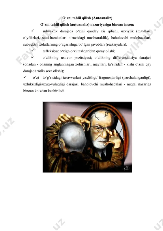 xs tuzilmasi. yung qarashiga binoan “ruh” (yung nazariyasida mazkur termin shaxs tushunchasiga monand) uch alohida, biroq o‘zaro ta’sirga kiruvchi tuzilmalardan tashkil topgan. bular: ego, shaxsiy g‘ayrishuuriy va jamoaviy g‘ayrishuuriy (jung, 1931/1969). ego ong doirasi markazi hisoblanadi. u o‘zimizning bir butunligimiz, barqarorligimiz, o‘zimizni insonday idrok etishimizni ta’minlaydigan o‘y-fikrlar, xotiralar, kechinma va sezgilarimizni qamrab oladigan “psyche”dir. ego o‘zligimizni anglash asosidir, u tufayli kundalik ongli faoliyatimiz natijalarini ko‘ra olamiz. shaxsiy g‘ayrishuuriylik qachonlardir anglangan, hozirda bosilgan yoki unutilgan xotira va ziddiyatlardan tashkil topgan. ularga ongda namoyon bo‘lish uchun zaruriy yorqinlik yetmaydigan hissiy ta’sirotlar taalluqli. ushbu jihatdan yung konsepsiyasi freyd konsepsiyasiga monand. biroq yung shaxsiy g‘ayrishuuriylik sirasiga individuum o‘zining o‘tmish shaxsiy tajribasi, urug‘-aymog‘i yoki nasliy tajribasidan kelib chiqqan emotsional shiddatga ega o‘y-fikrlar, tuyg‘ular va xotiralarni qamrab olgan komplekslarga ega ekanligini alohida ta’kidlaydi (jung, 1921/1973). yung tasavvurlariga binoan, oddiy mavzular atrofida yig‘ilgan mazkur komplekslar individuum xulq-atvoriga yetarlicha kuchli ta’sir o‘tkazishi mumkin. masalan, hokimiyat kompleksiga ega odam …