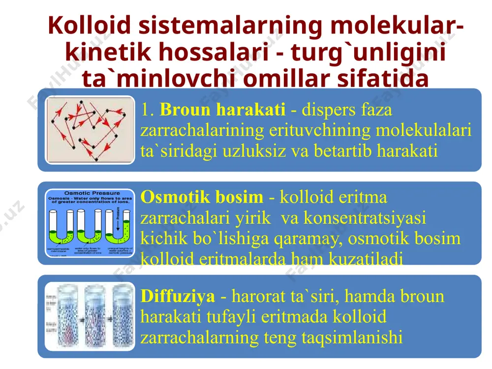 rituvchi tabiatiga ko`ra mitsellaning ko`rinishi suvda organik erituvchida sirt faol moddalarning ko`pik hosil qilish va yuvish hossasi solyubelizatsiylash yuqorimolekular birikmalar (yumb) yuqorimolekular birikmalar n- sonli molekulalarni bir biri bilan bog’lanishidan hosil bo’lgan molekular massasi minglar, millionlar bilan olchanadigan birikmalar. ularning tarkibidagi n- polimerlanish darajasi. shu qatorga oqsillar, nuklein kislotalar, polisaxaridlar kiradi. ular biopolimerlar deyiladi va yumm ning barcha hossalariga ega bo’ladilar. eritmada ular o’zini zarrachalari 10-6-10-7 sm bo’lgan kolloid eritmalardek tutadi. zol zarrachalariga o’hshab yarim o’tkazgich membranadan o’tmaydi, diffuziyaga uchraydi, koagullanadi. yumm ning hossalari qovushqoqlik jele hosil qilish sirt tarangligi tuzlanishi koatservat hosil qilishi bo’kishi qovushqoqlik deb eritmada molekulalarning bir biriga ishqalanganlik darajasiga aytiladi. dispers sistemalarning qovushqoqligi dispers sistema zarrachalarining ortishi bilan ortib boradi. reologiya reologiya – bu fizikaning moddalarning oquvchanligi bilan bog’liq hossalarini o’rganuvchi sohasi. shuning uchun qonni oqish tezligi bilan bog’liq hossalari qonning realogik hossalari deyiladi. qon – bu eritrotsitlarning fiziologik eritmadagi suspenziyasi. eritritsitlarning asosiy hossalaridan – bu …