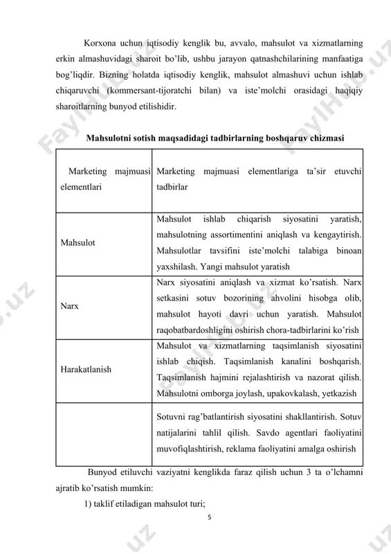 o’lchamni ajratib ko’rsatish mumkin: 1) taklif etiladigan mahsulot turi; 2) iqtisodiy jarayonlarda ishtirok etuvchilar soni; 3) almashuv jarayonlarining tarkibi. bu yerda har bir o’lcham bir xil turdagi vaziyat to’plami ko’rinishida tavsiya etiladi. shunday qilib, iqtisodiy maydon shu so’zning qisqa ma’nosida bir xil vaziyatlar to’plami ko’rinishida tavsiya etiladi. ular har xil “o’yig’ qog’ozlari” ko’rinishida qonunlarda, yo’riqnomalarda, shartnomalarda tavsiflanishi va belgilanishi mumkin. ammo har bir turdagi vaziyat uning o’ziga xos xususiyatlariga ega, ular albatta korxonaning istiqbolli ishlab chiqarish masalasi jarayonida e’tiborga olinishi kerak. faqat bu kabi sharoitlarni baholashdan keyin korxonaning davlat bilan bo’ladigan moliyaviy munosabatlar masalasini (mulk shakli, soliqlar, kimga bo’ysunish masalasi, shaxsiy va hal etiluvchi kapital va boshqalar) mulohaza qilish maqsadga muvofiq bo’ladi. ammo bu masalalar ikkinchi darajali hisoblanadi. ular muvaffaqiyat sharoitini belgilaydi. chunki har qanday tijorat faoliyati asosini mahsulot va xizmatlar sotish jarayoni tashkil qiladi. o’yig’ qanday qoidalar bilan olib borilishi taktik saviyada hal qilinishi lozimligi o’z manfaati eng ko’p …