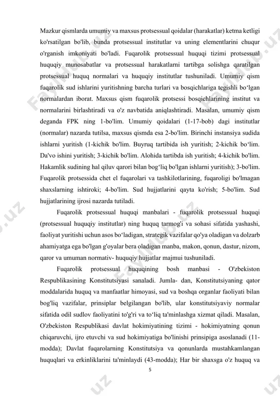 zom, qaror va umuman normativ- huquqiy hujjatlar majmui tushuniladi. fuqarolik protsessual huquqining bosh manbasi - o'zbekiston respublikasining konstitutsiyasi sanaladi. jumla- dan, konstitutsiyaning qator moddalarida huquq va manfaatlar himoyasi, sud va boshqa organlar faoliyati bilan bog'liq vazifalar, prinsiplar belgilangan bo'lib, ular konstitutsiyaviy normalar sifatida odil sudlov faoliyatini to'g'ri va toʻliq ta'minlashga xizmat qiladi. masalan, o'zbekiston respublikasi davlat hokimiyatining tizimi - hokimiyatning qonun chiqaruvchi, ijro etuvchi va sud hokimiyatiga bo'linishi prinsipiga asoslanadi (11-modda); davlat fuqarolarning konstitutsiya va qonunlarda mustahkamlangan huquqlari va erkinliklarini ta'minlaydi (43-modda); har bir shaxsga o'z huquq va erkinliklarini sud orqali himoya qilish, davlat organlari, mansabdor shaxslar, jamoat birlashmalarining g'ayriqonuniy xattiharakatlari ustidan sudga shikoyat qilish huquqi kafolatlanadi (44-modda); o'zbekiston respublikasining sud hokimiyati (xxii bob. 106-116-modda); prokuratura (xxiv bob. 118-121-modda). o'zbekiston respublikasining fuqarolik protsessual kodeksi mustaqillikning ilk yillaridan shu kunga qadar (1997, 2018-y.) yangi tahrirda qabul qilinib, turli yillarda ularga bir necha marotaba o'zgartish va qo'shimchalar kiritilgan. bundan tashqari, o'zbekiston respublikasining …