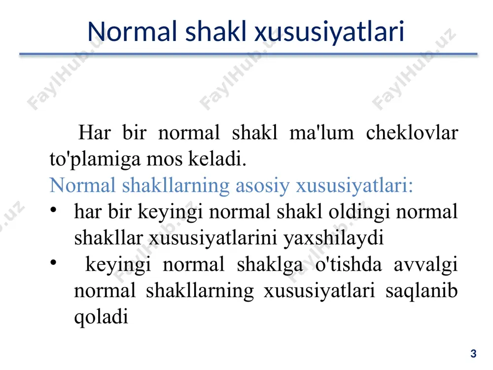 an funksional bog’liqlik deb y atributning tarkibli x diterminantning biror-bir qismiga bog’liq bo’lishiga aytiladi. misol: zachot_nomer, fish, guruh, fan, sana, baho ushbu atributlarga ega jadvalda zachot_nomer, fan, sana baho тranzitiv funksional bog’liqlik deb shunday funksional bog’liqlikka aytiladiki, unda x, y, va z atributlar orasida xy hamda yz ko’rinishdagi bog’liqliklar mavjud va bularga teskari yo’nalishdagi bog’liqliklar esa mavjud bo’lmaydi. тranzitiv funksional bog’liqlik to’la funksional bog’liqliklarning birlashmasi hisoblanadi. 10 ikkinchi normal shakl (2nf) 11 birinchi normal shakl ikkinchi normal shakilda bo’lishi uchun unda qisman funksional bog’liqlikka ega atributlar bo’lmasligi zarur, ya’ni birlamchi bo’lmagan har bir atribut tarkibiy kalitga qisman emas, balki to’laligicha bog’liq bo’lishi zarur. 11 ikkinchi normal shakl (2nf) agar biron bir atribut qushma asosiy kalitning bir qismiga bog'liq bo'lsa, unda quyidagilar zarur: atributlari quyidagicha bo'lgan yangi munosabatlarni yarating: qushma kalitning bir qismi (yangi munosabatlarning asosiy kaliti) yangi kalitga bog'liq bo'lgan atribut yangi munosabatlarga kiritilgan atributni dastlabki munosabatlardan chiqarib tashlang 12 …