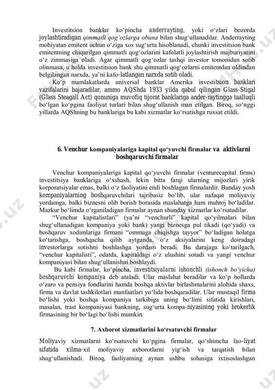 ko‘zda tutilgan. belgilangan imtiyozlar asosida pensiya dasturini moliyalashtiradigan tashkilot (pensiya dasturi xomiysi), yoki tashkilot yollagan sug‘urta kompa-niyasi o‘zini sug‘urta qilgan kishiga bo‘lajak to‘lovlarni kafolatlaydi va shu tariqa investitsion riskni butunlay istisno qiladi. ba’zi mamlakatlarda, masalan germaniya, yaponiya va aqshda homiylarning qarilik nafaqasi to‘lanishi borasidagi kafolatlari ma’lum darajada davlat va yarim davlat tashkilotlari tomonidan qo‘llab-quvvatlanadi. 4. o‘zaro fondlar bir guruh investorlar tomonidan sotib olinadigan va professional investitsiya kompaniyasi yoki boshqa biror moliya muassasasi tomonidan boshqariladigan aksiyalar, obligatsiyalar va boshqa aktivlarning (birgalikda ular “investitsiya portfeli” deb ataladigan aktivni tashkil etadilar) tashkiliy shakllantirilgan to‘plami o‘zaro fond (mutual fund) deb ataladi. bunda har bir mijoz fonddagi har qanday daromad taqsimotida o‘zidagi qimmatli qog‘ozlar miqdoriga proporsional ravishda ma’lum ulushga ega bo‘lish huquqini qo‘lga kiritadi va o‘z ulushini istagan vaqtida bozor bahosida sotishi mumkin. bunday fondni boshqaradigan kompaniyahar bir investor ixtiyorida qancha miqdorda qimmatli qog‘oz borligini va u fond qoidalariga muvofiq olingan daromadning qancha qismini qayta …