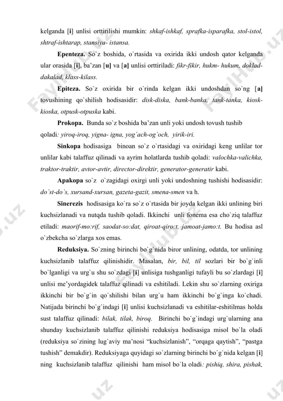 g`in qo`shilishi bilan urg`u ham ikkinchi bo`g`inga ko`chadi. natijada birinchi bo`g`indagi [i] unlisi kuchsizlanadi va eshitilar-eshitilmas holda sust talaffuz qilinadi: bilak, tilak, biroq. birinchi bo`g`indagi urg`ularning ana shunday kuchsizlanib talaffuz qilinishi reduksiya hodisasiga misol bo`la oladi (reduksiya so`zining lug`aviy ma’nosi “kuchsizlanish”, “orqaga qaytish”, “pastga tushish” demakdir). reduksiyaga quyidagi so`zlarning birinchi bo`g`nida kelgan [i] ning kuchsizlanib talaffuz qilinishi ham misol bo`la oladi: pishiq, shira, pishak, qiliq, ichak kabi. reduksiyaning ikkinchi bo`g`inda kelish hollari ham uchrab turadi. bu hodisa so`zga uchinchi bo`gin qo`shilganda sodir bo`ladi - ikkinchi bo`g`indagi unli tamoman kuchsizlanib, tushib qoladi. masalan, burun- burni, bo`yin-bo`yni, egin-egni, keyin-keyni singari. eliziya. unli bilan tugovchi va unli bilan boshlanuvchi ikki so`zning qo`shilishi natijasida unli tovushdan birining tushib qolish hodisasidir. bunda bir necha holat kuzatiladi: a) birinchi so`z oxiridagi unli tushib qoladi: yoza oladi-yozoladi, bora oladi- boroladi, qora ot- qorot; b) unli bilan boshlanuvchi ikkinchi so`zning bosh unlisi tushib qoladi: borar ekan-borarkan, borar emish- …