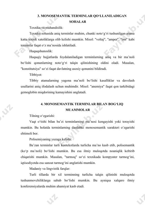 iya kabi. “terminlarni qo’llanish doirasi jihatdan, asosan ikki turga bo’lish mumkin. birinchisi umumxalq tushunadigan va qo’llaydigan terminlar bo’lsa, ikkinchisi muayyan tor ixtisos doirasidagina qo’llaniladigan, mutaxasislargina tushunadigan maxsus so’zlardir. har bir fan va texnika terminologiyasida, kasb-hunar sohasining leksikasida asosan ana shu ikki turli terminlar va so’zlarni uchratish mumkin”[8]. “o’zbek tili ilmiy terminologiyasida uch tip terminlarni ajratish mumkin: 1) tarixiy – traditsion terminlar. bu terminlar o’zbek tilida qadimdan termin funksiyasida qo’llanib kelmoqda. bunday so’zlar zamonaviy o’zbek terminologiyasining negizini tashkil etadi: tarix, imlo, alifbo… 2) yangi o’zlashgan terminlar: akustika, jurnal, jurnalist, radio, televizor, telefon, telegraf, gaz kabi; 3) o’zbek tilining o’zida yaratilgan yangi zamonaviy terminlar: a) o’z material asosida yasalgan terminlar: uchburchak, kesim, saylov, aylanma, saylanma, so’z boshi va boshqalar. b) o’zlashgan so’zlar asosida yasalgan terminlar: elektrlashtirish, mashinalashtirish, kolxozchi va boshqalar”. terminlar muayyan bir sohaga oid tushunchalarni aniq ifoda etuvchi so’zlar bo’lsa-da, lekin bu so’zlarning qo’llanilishi shu soha kishilari doirasi bilan chegaralangan bo’lishi …