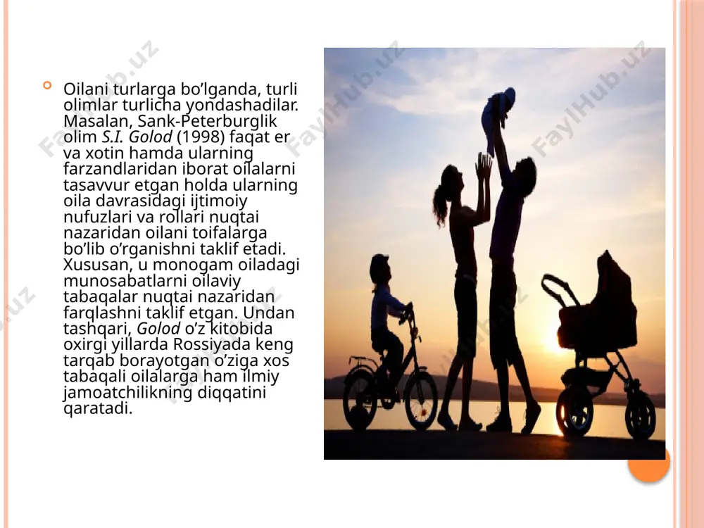 h huquqlari berilgan bo’ladi. buning albatta, ham ijobiy, ham salbiy jihatlari bor. er-xotin oilasi xx asrning 60-chi yillarida paydo bo’lib, u ham ayollar, ham bolalar emansipatsiya jarayonlarining oqibati sifatida qaraladi. bunday oiladagi o’zaro munosabatlar asosan erkak va xotin o’rtasidagi muomalaga, uning qanchalik samimiy, iliqligiga bog’liq bo’ladi. ayolga o’z xohish-irodasini mumkin qadar namoyon etish, unga ma’lum ma’noda mustaqil erishish imkoniyati yaratiladi. u ko’p holatlarda turmush o’rtog’iga suyukli, erka va zarur yor rolini o’ynaydi. golod er-xotinning bir-birlariga yaqin bo’lishlarining 4 xil jihatini farqlaydi: simpatiya (yoqtirish), samimiyat, minnatdorlik va erotik jihatdan bog’liqlik. monogam bo’lmagan oila toifasi chin ma’noda nikoh munosabatlariga tayanmaydi. bundan oilaning uch xil ko’rinishi mavjud: ajrimlar tufayli paydo bo’lgan noto’liq oila – xx asrning oxirlarida ko’payib ketgan noto’liq oila turi. golodning ma’lumotlariga ko’ra, rossiyadagi oilalar ajrimi shu qadar ko’paydiki, har 100 ta nikohga 51 ta oila ajrimi to’g’ri keldi. bunga sabablardan biri ota-onalik rollarining bajarilmasligi, otaning bola tarbiyasidan sovuqqonlik bilan chetlashishidir, …