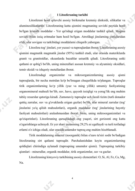 bloklarga bo'lingan - litosfera plitalari nisbatan plastik astenosfera bo'ylab harakatlanadigan er qobig'ining katta qattiq bloklari. okeanlar va materiklar ostidagi litosfera sezilarli darajada farq qiladi. okeanlar ostidagi litosfera okean qobig'ining paydo bo'lishi natijasida qisman erishning ko'p bosqichlarini bosib o'tgan, u eruvchan mikroelementlar bilan juda kamaygan va asosan dunit va xarzburgitlardan iborat. materiklar ostidagi litosfera ancha sovuqroq, qalinroq va, aftidan, xilma-xildir. u mantiya konvektsiyasi jarayonida ishtirok etmaydi va qisman erishning kamroq davrlarini boshidan kechirgan. umuman olganda, u mos kelmaydigan noyob elementlarga boy. uning tarkibida nodir elementlarga boy lerzolitlar, verlitlar va boshqa jinslar katta rol o'ynaydi. litosfera taxminan 10 ta yirik plitalarga bo'lingan, eng kattasi evrosiyo, afrika, hind-avstraliya, amerika, tinch okeani va antarktida. litosfera plitalari ular ustida ko'tarilgan quruqlik bilan harakatlanadi. litosfera plitalarining harakati nazariyasi a. vegenerning materiklar siljishi haqidagi faraziga asoslanadi. litosfera plitalari doimiy ravishda o'z shakllarini o'zgartiradi, ular rifting va bir-biriga payvandlash natijasida bo'linib, to'qnashuv natijasida bitta plastinka hosil qiladi. boshqa …