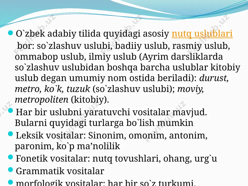bu uslubda ijtimoiy-siyosiy so`zlar ko`p qo`llanadi. nutq ta’sirchan bo`lishi uchun ta’sirchan so`z va birikmalardan, maqol va hikmatli so`zlardan ham foydalaniladi. . azamat paxtakorlarimiz mo`l hosil etishtirish uchun fidokorona mehnat qilishyapti. badiiy uslub voqelikni badiiy obrazlar (timsollar) vositasida aks ettirib, tinglovchi yoki o`quvchiga estetik jihatdan ta’sir qiluvchi uslub badiiy uslub deb ataladi. badiiy asarlar (nazm, nasr va dramatik asarlar) badiiy uslubda bo`ladi. badiiy asar kishiga ma’lumot berish bilan birga, timsollar (obrazlar) vositasida estetik ta’sir ham ko`rsatadi: o`lkamizda fasllar kelinchagi bo`lmish bahor o`z sepini yoymoqda. badiiy uslubda qahramonlar nutqida oddiy nutq so`zlari, sheva, vulgarizmlardan ham foydalaniladi. badiiy uslub aralash uslub hisoblanadi, chunki bu uslubda so`zlashuv va kitobiy uslublarga xos o`rinlar ham uchraydi etiboringiz uchun rahmat. /docprops/thumbnail.jpeg