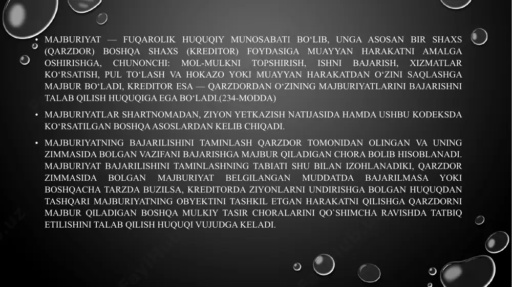 haqidagi talab bo‘yicha kreditor o‘ziga yetkazilgan zararni isbotlashga majbur emas. neustoyka bilan faqat haqiqiy talab ta’minlanadi. agar qarzdor majburiyat bajarilmaganligi yoki lozim darajada bajarilmaganligi uchun javobgar bo‘lmasa, kreditor neustoyka to‘lashni talab qilishga haqli emas.(260-modda) 261-modda. neustoyka shakllari neustoyka jarima yoki penya shaklida bo‘ladi. qarzdor majburiyatlarni bajarmagan yoki lozim darajada bajarmagan hollarda to‘laydigan va qoida tariqasida, qat’iy pul summasida hisoblanadigan neustoyka jarima hisoblanadi. qarzdor majburiyatlarning bajarilishini kechiktirib yuborganida to‘laydigan va o‘tkazib yuborilgan muddatning har bir kuni uchun majburiyatning bajarilmagan qismiga nisbatan foiz bilan hisoblanadigan neustoyka penya hisoblanadi. neustoyka 264-modda. garov tushunchasi va uning vujudga kelish asoslari bir shaxsning boshqa shaxsga mol-mulkni yoki unga bo‘lgan huquqni majburiyatlarni ta’minlash uchun berishi garov hisoblanadi. garovga ko‘ra qarzdor garov bilan ta’minlangan majburiyatni bajarmagan taqdirda kreditor (garovga oluvchi) bu majburiyat bo‘yicha o‘z talabi garovga qo‘yilgan mol-mulkning qiymatidan ushbu mol-mulk egasi bo‘lgan shaxs (garovga qo‘yuvchi)ning boshqa kreditorlariga qaraganda imtiyozli suratda qanoatlantirilishiga, qonunda nazarda tutilgan tartibda, haqli bo‘ladi. …