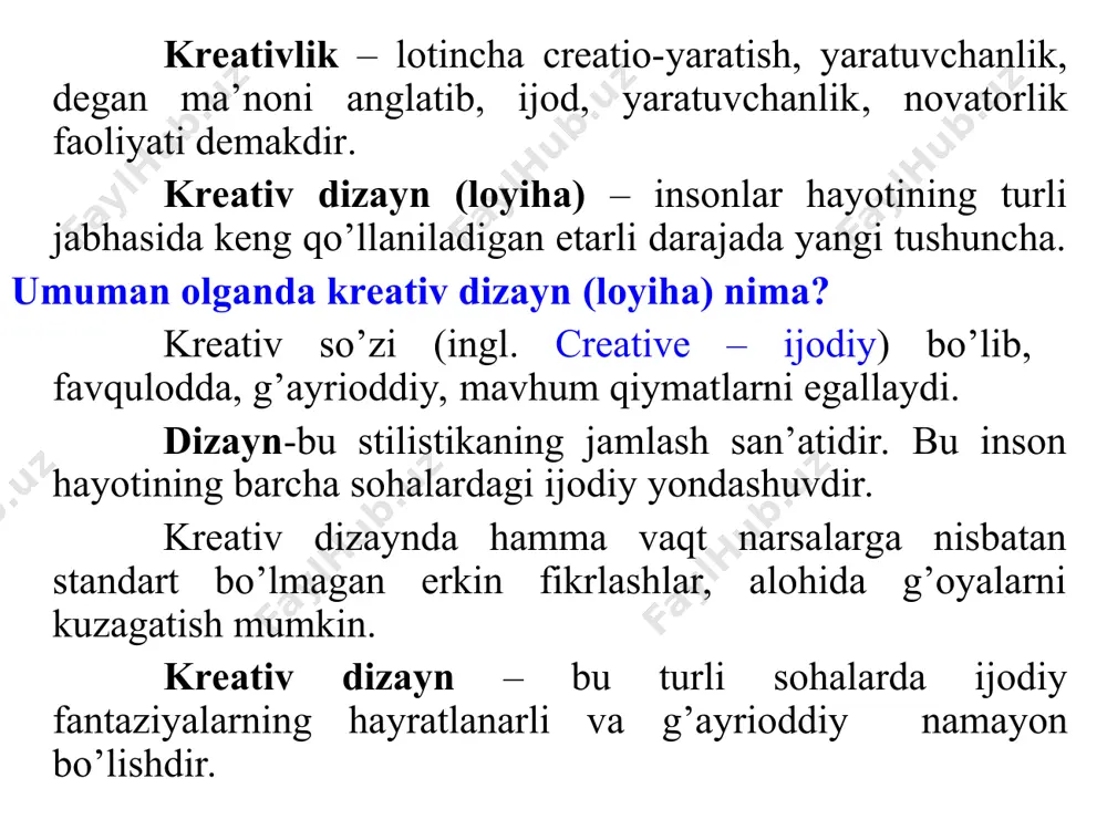 n, axborotli dizayn, kitobli dizayn landshaft dizayni, poligrafik dizayn, o’zaro mos loyihalash dizayni, dasturiy ta’minotni loyihalash, sanoat dizayni, rangli dizayn, transport dizayni, futurodizayn, ekodizayn foydalanuvchi dizayni tamoyillari interfeyslar o’zaro moslikni ta’minlash uchun ishlab chiqilgan. aniqlik bilan ta’minlash sizning e’tiboringizni har qanday holatda ham saqlab qolish foydalanuvchilarning qo’liga boshqaruvni berish to’g’ridan-to’g’ri eng yaxshi manipulyatsiyalar ekrandagi bitta asosiy harakat ikkilamchi harakatlar fonda qoldirish keyingi bosqichni tabiiy holga keltirish tashqi ko’rinish xulq-atvordan kelib chiqadi (yoki “funksiya shaklni belgilaydi”) foydalanuvchi dizayni tamoyillari tartibga oid masalalar kuchli vizual ierarxiyani yaxshiroq ishlashi yaxshi o’ylangan tashkilotchilik bilish yukini kamaytiradi belgilash, lekin ko’rsatmaslik progressiv oshkor bajarish yo’l davomida odamlarga yordam berish hal qiluvchi moment: nol holat mavjud muammolar eng muhimdir ko‘z ilg’amas ajoyib dizayn dizaynning boshqa fanlari bo’yicha ko’nikmalarni rivojlantirish interfeyslardan foydalanish kerakligi e’tiboringiz uchun raxmat!!!!!