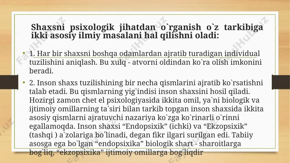 talarning xatti -harakatlariga taqlid qilish orqali o`ynaydi. ijtimoiy muhitning shaxs shakllanishiga ta`siri kuchli. masalan, yangi tug`ilgan bolani hayvonlar orasiga qo`shib qo`yilsa xatti - harakatlari hayvonlarnikiga o`xshaydi. bola tili ham ijtimoiy muhitga bog`liq. shaxsning malaka va odatlari har bir odam bilish, eshitish bilan birga malaka va odatlarni egallaydi. malakalar bir necha xil bo`ladi (yozish, o`qish, yurish, musiqa chalish, sport va h. k.) maqsadni ko`zlab biror ishni bajarish malakaga bog`liq. malaka deb, avval ongli bajarilib keyinchalik avtomatlashgan xatti -harakatlarga aytiladi. istalgan malakani qayta -qayta takrorlash natijasida hosil qilish mumkin. malakalar sodda va murakkab bo`lishi mumkin. masalan, mashina haydash, musiqa chalish, kasb egallash murakkab malaka, mix qoqish, o`tin arralash sodda malaka hisoblanadi. malakalarni mashq qilish natijasida egallanadi. shaxsda malakadan tashqari odatlar ham bo`ladi. odat kishi qalbiga chuqur o`rnashib, uning ehtiyojiga aylanib qolgan harakatlardir malaka va odatlarning nerv - fiziologik asoslarini shartli reflekslarning hosil bo`lish mexanizmi tashqil qiladi. bu shartli refleks oddiy emas, balki …