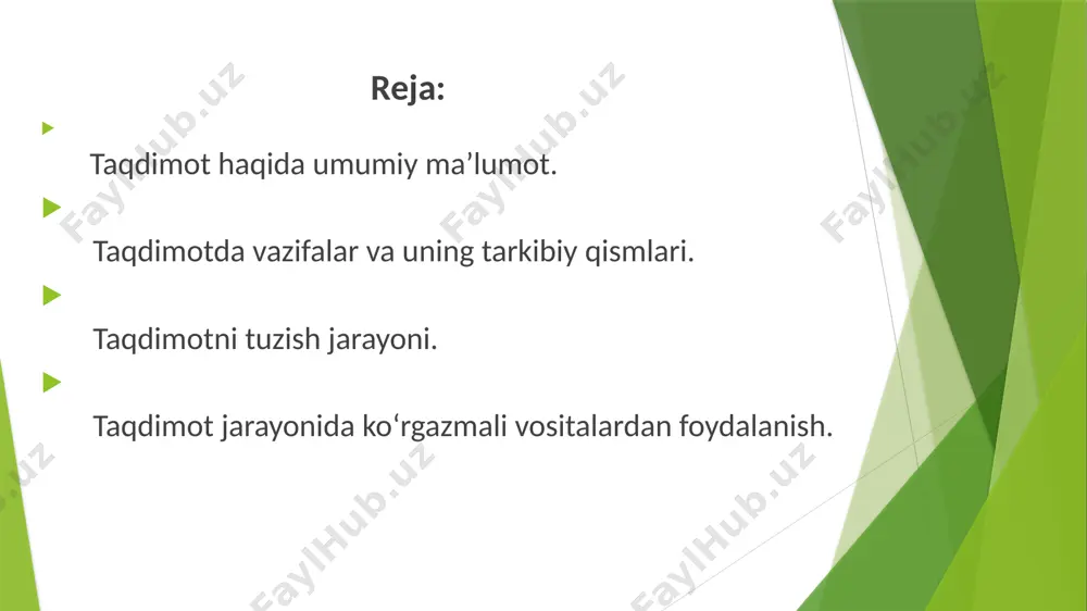 n bo‘lishi kerak. ovoz - nutq texnikasining eng muhim elementi. so‘zlovchining ovozida quyidagi xususiyatlar bo‘lishi lozim: jarangdorlik (tovushning tozaligi va tembrning yorqinligi); keng diapazonlik (ovozning eng pastlikdan eng yuqorigacha bo‘lgan darajasi); havodorlik (erkin so‘zlaganda yaxshi eshituvchanlik); ixchamlik, harakatchanlik; chidamlilik (uzoq ishlash qobiliyatiga ega bo‘lish); moslashuvchanlik (dinamik, tembr, melodikaning eshitilish sharoitiga moslasha olishi); taqdimotni tuzish jarayoni quyidagi harakatlardan iborat: 1.taqdimotni umumiy bezash usulini tanlash; 2.slaydlarning mazmuniy o‘lchamlarini tanlash; 3.yangi slaydni va uning tarkibiy qismlarini qo‘shish; 4.slayd hajmi yo‘lchamlarin itanlash; 5.slaydlarga bezashda zarur bo‘lgan o‘zgarishlar kiritish; 6.slaydlarni ko‘rsatishda tovushl ianimatsiya jihatlarini yaratish. taqdmotni tayyorlash jarayonida microsoft power point da ko‘rsatilayotgan ma’lumotlar taqdim etilayotgan ishning mazmuni va mohiyatini, natijalari va xulosalarini, takliflarini aks ettirishi lozim. multimediali taqdimot - bugungi kunda axborot taqdim etishning yagona va eng zamonaviy shakli hisoblanadi. bu matnli ma’lumotlar, rasmlar, slayd-shou, diktor jo‘rligidagi ovoz bilan boyitilgan, videoparcha va animatsiya, uch o‘lchamli grafika tarzidagi dasturiy ta’minot bo‘lishi mumkin. taqdimotning ma’lumot taqdim …