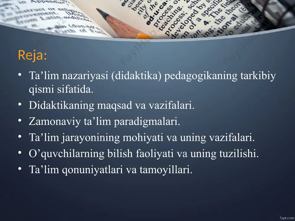 i) va o’rganish (o’quvchilarning bilish faoliyati), ularning o’zaro harakati aks etadi. didaktikaning vazifalari - ta’lim jarayonlari va ularni amalga oshirish shartlarini ta’riflash va tushuntirish; - ta’lim jarayonini yanada mukammal tashkil etish, ta’lim tizimlari va texnologiyalarini ishlab chiqish;- ta’lim jarayoni uchun xos bo’lgan umumiy qonuniyatlarni aniqlash omillarini taxlil qilish va ta’riflash. didaktikada ta’limni tashkil etishning umumiy masalalari, o’qitish jarayonining mohiyati, ta’limning mazmuni, o’qitish qonuniyatlari, o’qitish tamoyillari, metodlari, uning tashkiliy shakllari yoritiladi. pedagog olimlar yillar davomida ta’lim tizimida nega o’qitamiz? nimani o’qitamiz? qanday o’qitamiz? qaerda o’qitamiz? kabi savollarga javob izladilar. bu savolga javobni komenskiy “ buyuk didaktika" asarida yoritib berdi. didaktikaning ob’ekti - o’sib kelayotgan avlodga ijtimoiy tajribalarni, milliy va umuminsoniy madaniyatni tarkib toptirishga yo’naltirilgan ta‘lim berish jarayoni hisoblanadi. didaktikaning asosiy kategoriyalari. o’rgatish o’rganish o’qitish ko`nikma malaka kompeten siya tashkil etish shakl metod natija bilim mazmun ta’lim maqsad vosita zamonaviy ta’lim paradigmalari. paradigma paradigma yunoncha, paradeig ma so’zidan olingan bo’lib misol, namuna …