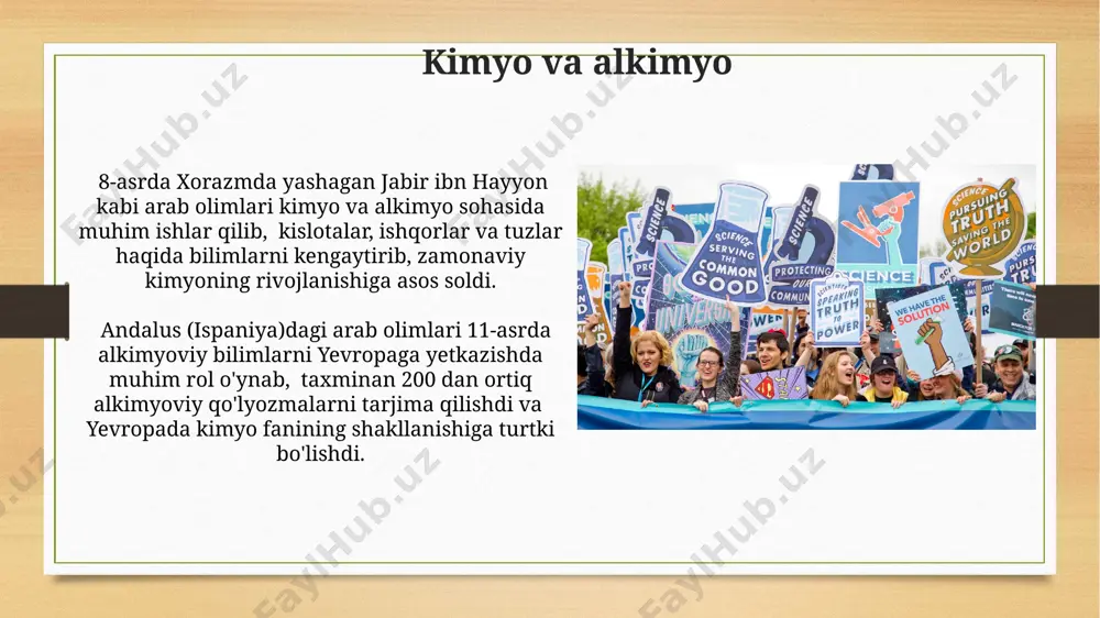 tablarida asosiy darslik bo'lib xizmat qilgan va zamonaviy tibbiyotga ulkan hissa qo'shgan. ix-xi asrlarda xorazm va buxoroda yuzlab olimlar, jumladan, matematika va astronomiya bo'yicha 20 dan ortiq muhim risolalar yozgan abu rayhon beruniy kabi buyuk zotlar yetishib chiqqan. til va lug'atshunoslik 12-asrda andalusda (hozirgi ispaniya) yashab ijod qilgan arab tilshunosi ibn maymunning asarlari zamonaviy tilshunoslikka 300 dan ortiq atamalarni kiritishga hissa qo'shgan. ix-x asrlarda buxoro va samarqand kabi yirik shaharlarda faoliyat ko'rsatgan arab tilshunoslari lug'atlar tuzishda 1000 dan ortiq so'zni o'z ichiga olgan asarlar yaratishgan. ta'lim va madaniyat таълим ва маданиятнинг ривожланишига ҳисса қўшган 200 дан ортиқ китобхона ва 50 дан ортиқ мадрасалар хоразм ва марв каби шаҳарларда мавжуд бўлган. таълим ва маданият маркази 9-11-асрларда бухоро шаҳрида фаолият юритган бўлиб, юзлаб талабаларни жалб қилган ва астрономия, математика ва тиббиёт каби фанларни ўргатган. arab olimlarining ilm-fan rivojiga qo'shgan hissasi ibn sino (avicenna) 1025 yilda yozgan “tib qonunlari” asari 500 yildan ortiq …