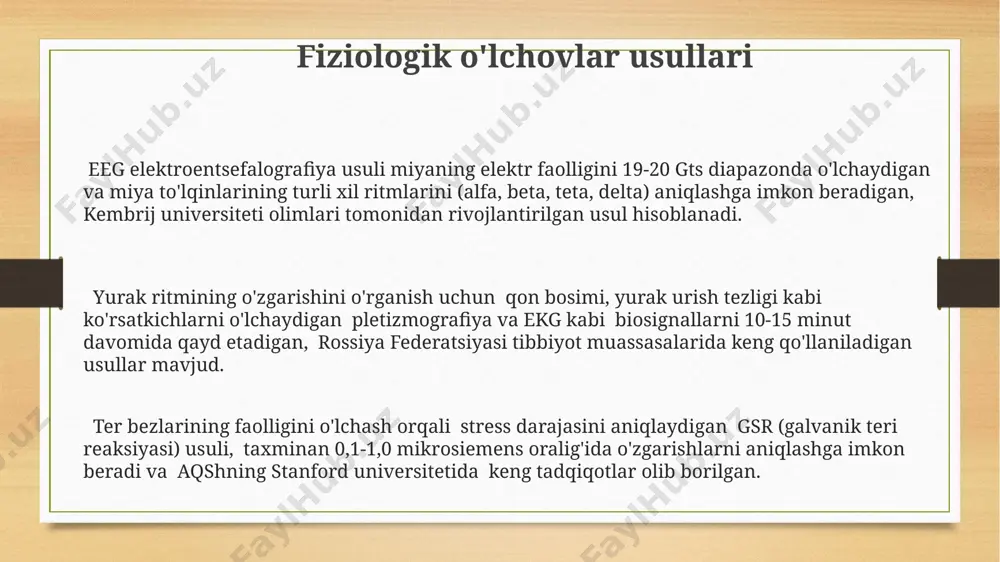 paytida, bu ko'rsatkich sezilarli darajada oshishi mumkin. psixofiziologik tadqiqotlarning maqsadi psixofiziologik tadqiqotlarning maqsadi – insonning fiziologik ko'rsatkichlari (masalan, yurak urishi tezligi, 30 nafar ishtirokchi ustida o'tkazilgan eksperiment natijalarida ko'rsatilganidek) va psixologik jarayonlar (masalan, stress darajasi) o'rtasidagi murakkab munosabatlarni aniqlashdan iborat bo'lib, toshkentdagi laboratoriya sharoitida o'tkazildi. psixofiziologik tadqiqotlarning yana bir muhim maqsadi – turli psixologik holatlar (qo'rquv, g'azab, xursandchilik)ni miya faoliyatining 5 ta asosiy ko'rsatkichi orqali aniqlash va tasniflash usullarini ishlab chiqishdan iborat bo'lib, natijalar aqshning bir nechta ilmiy jurnallarida chop etilgan. psixofiziologik tadqiqotlarning maqsadi, shuningdek, 10 yildan ortiq davom etgan kuzatuvlar natijalariga ko'ra, 200 dan ortiq bemorlarni o'z ichiga olgan katta miqyosli tadqiqotlar asosida, psixik kasalliklarning diagnostikasi va davolash usullarini takomillashtirishga qaratilgan bo'lib, london klinikasi tajribasidan foydalanilgan. stress va uning psixofiziologik ko'rinishlari stressning psixofiziologik ta'siri, samarqand universitetida o'tkazilgan eksperimentlarga ko'ra, 7 balldan yuqori stess darajasi bilan bog'liq bo'lib, diqqatni jamlash qobiliyatini 30% ga pasaytiradi va reaksiya tezligini sekinlashtiradi. surunkali stress …