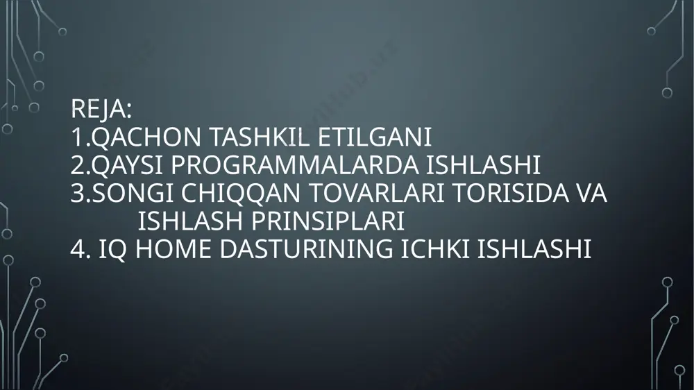 i. bu buyruqlar, masalan: • yorugʻlikni yoqish/oʻchirish • eshikni qulflash/ochish • haroratni sozlash • videokamerani faollashtirish dastur odatda quyidagi qismlardan iborat boʻladi: • mobil ilova (frontend) — foydalanuvchi interfeysi • server (backend) — barcha buyruqlarni boshqaradi, foydalanuvchi ma’lumotlarini saqlaydi • qurilma protokollari (api yoki zigbee/z-wave) — buyruqlarni real qurilmalarga uzatadi . 2. qanday dasturlash tillari ishlatiladi? iq home tizimida quyidagi kodlar ishlatilishi mumkin (har doim ham ochiq emas, lekin umumiy ishlatiladiganlar): oddiy misol (python orqali): bu kodda siz device_id bo‘yicha chiroqni yoqasiz. iq home (aqlli uy) tizimining ichki tuzilishi iq home bu — turli qurilmalarni masofadan boshqarish imkonini beruvchi iot (internet of things) texnologiyasiga asoslangan tizimdir. misol uchun: yorugʻlik, isitish, xavfsizlik, kamera, konditsioner va boshqalar. tizimning asosiy qismlari 1. foydalanuvchi interfeysi (mobil ilova yoki veb interfeys) 2. server (backend) 3. ma’lumotlar bazasi 4. qurilmalar (sensorlar, aktuatorlar, kamera, relelar) 5. aloqa protokollari (wi-fi, zigbee, mqtt, bluetooth va h.k.) . mobil ilova …