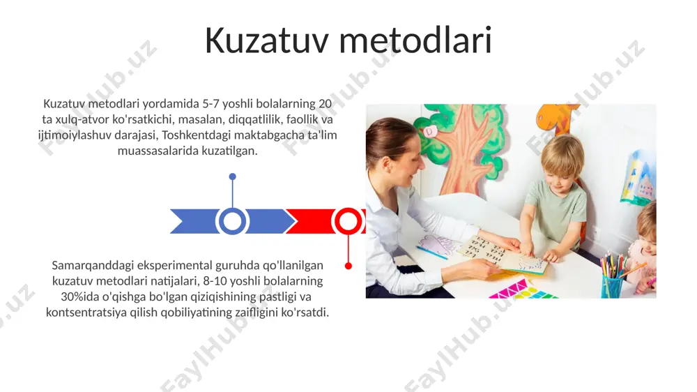 i yoki tat) va psixometrik testlar (masalan, veksler bolalar intellekti shkalasi - wisc) kabi turli xil diagnostika usullaridan foydalanish mumkin. diagnostika jarayonida 5 ta asosiy mezonlar (masalan, muloqot ko'nikmalari, his-tuyg'ularni boshqarish, e'tibor darajasi, tafakkur va xotira) yordamida bolaning shaxsini holis baholash uchun aqshdagi yangi pedagogik usullar qo'llanilmoqda. bolalarning o'quv faoliyatiga bo'lgan qiziqishlarini aniqlash uchun 10 ta turli psixometrik testlar qo'llanilib, toshkent shahridagi maktablarda o'tkazilgan tadqiqotlar natijalari asosida, o'quv dasturlari farqlantiriladi va moslashtiriladi. diagnostika natijalari, masalan, 5 yoshli bolaning samarqanddagi maktabgacha ta'lim muassasalarida o'tkazilgan psixologik testlar natijalariga asoslanib, individual ta'lim rejasi tuziladi, bu esa bolaning kuchli va kuchsiz tomonlarini hisobga oladi. diagnostika natijalariga asoslangan taʼlim rejalashtirish muvaffaqiyatsizlikka uchragan bolalar bilan ishlash muvaffaqiyatsizlikka uchragan 5-7 yoshli bolalar bilan ishlashda, samarqanddagi maktablarda qo'llaniladigan individual yondashuvlar samaradorligini 30% ga oshirishga yordam beradigan maxsus o'yin terapiyasi usullaridan foydalanish tavsiya etiladi. farg'ona viloyatidagi eksperimental maktablarda o'tkazilgan sinovlarda, muvaffaqiyatsiz bolalar bilan guruhli mashg'ulotlarni 2 soatdan kamroq vaqt …