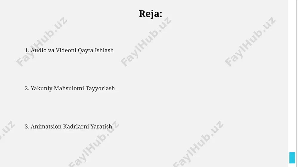katta hajmdagi video fayllarni (10gb dan ortiq) protsess qilish uchun samarali video-protsessorlar va kamida 8gb operativ xotiraga ega kompyuter kerak bo'ladi. audio fayllarni (wav, mp3, flac) tahrirlashda, ularning bitrate (128kbps, 320kbps) va sampling rate (44.1khz, 48khz) parametrlarini hisobga olish kerak, chunki bu tovush sifatiga ta'sir qiladi. turli formatdagi fayllarni (masalan, avi, mp4, mov) birlashtirishda, ularning kodeklarini va rezolyutsiyasini (720p, 1080p) mos kelishini tekshirish muhim, aks holda muammolar yuz berishi mumkin. video fayllarni qayta ishlash yuqori sifatli video renderlash uchun, 1920x1080 pikselli (full hd) rezolyutsiyadan foydalanish va bitrate ni 8 mbps dan yuqori qilib belgilash tavsiya etiladi. video siqilish algoritmlari, masalan, h.264 yoki h.265, fayl hajmini kamaytirish uchun video oqimining 30% gacha ma'lumotlarini yo'qotishga olib kelishi mumkin. video fayllarni qayta ishlashda, 24 fps (frames per second) standart tezlikda 10 soniyali video taxminan 240 ta framedan iborat bo'ladi va har bir frame alohida tahrir qilinishi mumkin. animatsiya va audio sinxronizatsiyasi animatsion kadrlar …