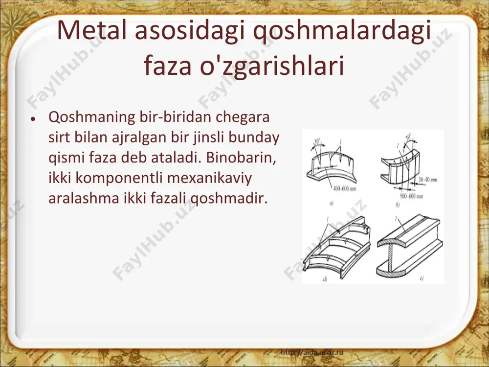 ikvidus chizig’i deyiladi (6-rasm a). («likvidus»-lotincha so’z bo’lib, «suyuq», «oquvchan» degan ma’noni anglatadi). qotishmaning suyuq holatidan qattiq holatiga o’tib kristallanishi temperatura intervalida sodir bo’lib, evtetik temperatura bilan lividus chizig’i oraligida yotuvchi chiziq (dse) solidusga to’g’ri keladi. («solidus»-so’zi lotincha qattiq degan ma’noni bildiradi). shu bilan birgalikda temperatura pasayishi bilan har bir qotishmada qattiq fazaga o’tuvchi komponentning miqdori evtetika kontsentratsiyadan yuqori bo’ladi. (6-rasm b ga qarang). shuning uchun evtetikagacha bo’lgan qotishmalarga oid diogrammada ikki fazali qismi (asd) da a komponentning ortiqcha miqdori va suyuq s faza mavjud. ikkala holda s faza ikkala komponentlar suyuq aralashmasi bo’ladi. temperatura pasayishi bilan hamda yee chizig’iga yaqinlashishi bilan (te ga) kristallanmagan faza tarkibi evtetik (ve ga) ga yaqinlashadi. (6-rasm s nuqta). shu bilan tirga qotishmaning tarkibi evtetikadan qanchalik farq qilmasa, uning likvidus chizig’i shunchalik quyi va unda shuncha ko’p evtetika qotadi. bundan sistemada komponentlarning miqdoriy o’zgarishi (ixtiyoriy qotishma uchun massa birligiga to’g’ri keluvchi qattiq va suyuq …