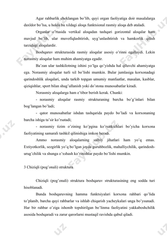 kompleks masalalarini echish ancha qiyin kechadi; · bunday sharoitda rahbarlar ko’proq tezkor ishlar bilan band bo’lib, strategik muammolarni e’tibordan chetda qoldiradilar; · bunday boshqaruv sharoitida buyruqbozlik va rasmiyatchilikning paydo bo’lish xavfi kuchli bo’ladi, bunga sabab, strukturaning har bir bo’g’inida rahbar o’z lavozimi bo’yicha farmoyish berish huquqiga ega bo’lishidir. boshqaruvning chiziqli strukturasi uncha murakkab bo’lmagan ishlab chiqarish sharotida ijrochilarning vazifalari oddiy, buyruq va axborotlar xajmi kam bo’lganda o’zini oqlashi mumkin. ishlab chiqarish tobora murakkablashib, ish ko’lamining kengayib borishi boshqaruv funktsiyalarini tabaqalashtirishni talab qiladi, chiziqli strukturaning o’rniga chiziqli-shtabli strukturaning vujudga kelishini taqazo etadi. 4. chiziqli–shtabli struktura chiziqli-shtabli struktura har bir chiziqli rahbar qoshida ixtisoslashgan xizmatchilar, maslaxatchilar kengashi, ya’ni shtablar tuzish yo’li bilan tashkil etiladi. shtablarning vazifasi har xil muammolarni o’rganish orqali rahbarlarga qaror qabul qilishda yordam berishdan iborat. bunday shtablarga ehtiyojning paydo bo’lishiga sabab korxonalarda funktsiyalarning murakkabligidir. chiziqli rahbarlar korxonaning bosh maqsadiga erishish yo’lidagi birlamchi vazifalarning bajarilishiga mas’ul bo’lsalar, shtabdagilar esa birlamchi …