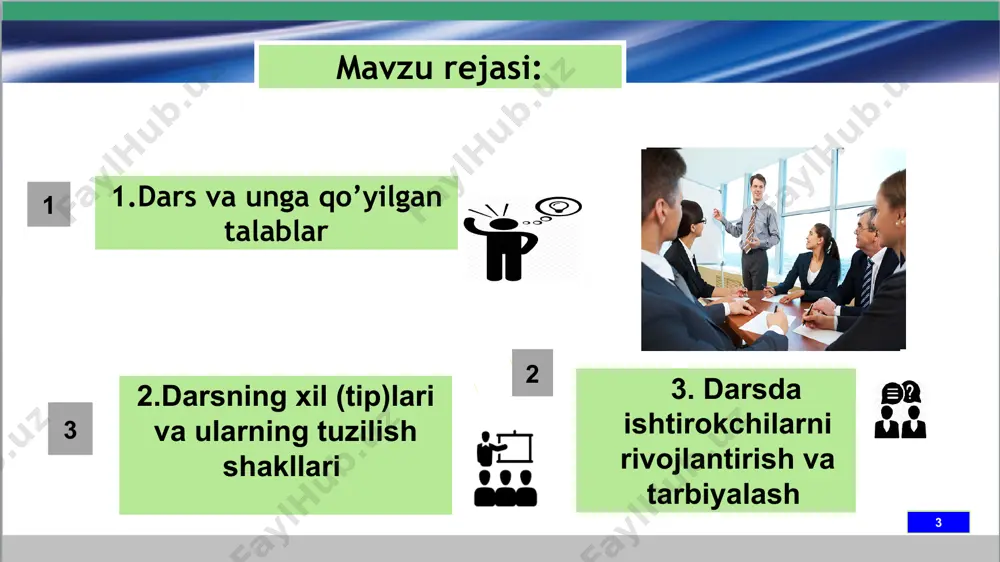 imal nisbatlarini ta’minlash o’quvchilarning qiziqishlari, layoqati va talablarini hisobga olish asosida ular tomonidan bilimlarning puxta o’zlashtirilishi uchun zarur sharoitlarni yaratish 01 02 03 ilgari o’rganilgan bilim va malakalari, shuningdek, o’quvchilarning rivojlanish darajasiga tayanishsh shaxsning har tomonlama rivojlantirishni motivatsiyalash va faollashtirish o’quvchilar anglab yetadigan fanlararo bog’liqliklarni o’rnatish o’quv-tarbiyaviy faoliyat barcha bosqichlarining mantiqiyligi va emotsionalligi pedago zarur bilim, ko’nikma va malakalar, fikrlash va faoliyat ratsional usullarini shakllantirish gik vositalar dan samarali foydala nish 6 mavjud bilimlarni doimo boyitib borish ehtiyojini yuzaga keltirish har bir darsni puxta loyihalashtirish, rejalashtirish, tashhis va taxmin qilish mavzu bo`yicha fidbek kelgusi mashg‘ulotda ko‘rishguncha... image1.jpeg image2.png image3.png image4.png image5.png image6.png image7.png image8.jpeg image9.png image10.jpeg image14.png image15.png image16.png image17.png image18.png image19.gif abstract digital technology background /docprops/thumbnail.jpeg