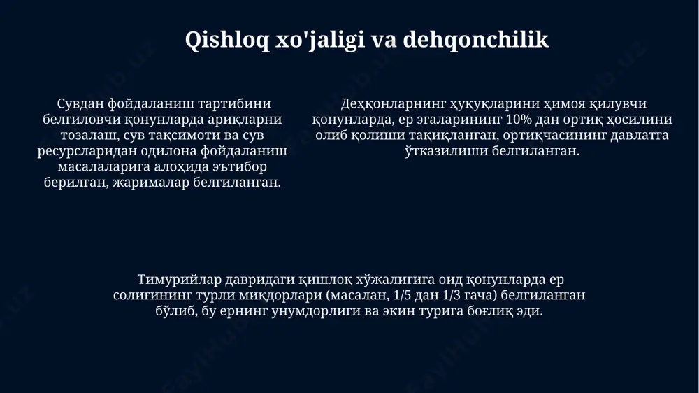 вилоят ҳокими томонидан бошқарилган. темур давридаги маъмурий тизимда почта ва алоқа тизими муҳим роль ўйнаган бўлиб, почта станциялари орасидаги масофа ўртача 30-40 км ни ташкил этган. улуслар ўз навбатида туманларга (наҳияларга), туманлар эса қишлоқларга бўлинган, бу эса самарали солиқ йиғиш ва ҳарбий хизматни ташкил этишга ёрдам берган. qurilish va infratuzilma ishlari qurilish materiallari sifatini nazorat qilish uchun maxsus inspektsiyalar tashkil etilgan boʻlib, ularning hisobotlari va tekshiruvlari davlat tomonidan qatʼiy nazorat qilingan, bu esa 30 dan ortiq turdagi materiallarga tegishli edi. temur davrida qurilish ishlari uchun 150 dan ortiq muhandis va hunarmandlar ishga yollanganligi, ularning maoshi va meʼyorlari aniq belgilangan qonunlar mavjud edi. samarqand kabi yirik shaharlarda kanalizatsiya va suv taʼminoti tizimlarining rivojlanishiga oid qatʼiy koʻrsatmalar, ularning muntazam tozalash va taʼmirlash ishlarini oʻtkazishga oid qoidalar mavjud edi. ta'lim va madaniyatga oid farmonlar тимурийлар давридаги таълимга оид фармонларда мадрасаларнинг моддий-техник базасини мустаҳкамлаш, хусусан, 100 дан ортиқ китобхоналар ташкил этиш ва уларни бойитиш …