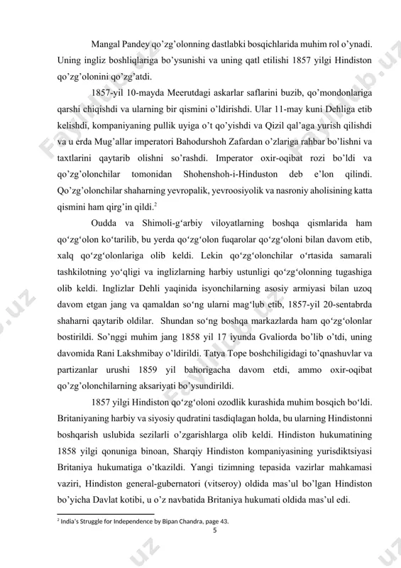 shliqlariga bo’ysunishi va uning qatl etilishi 1857 yilgi hindiston qo’zg’olonini qo’zg’atdi. 1857-yil 10-mayda meerutdagi askarlar saflarini buzib, qo’mondonlariga qarshi chiqishdi va ularning bir qismini o’ldirishdi. ular 11-may kuni dehliga etib kelishdi, kompaniyaning pullik uyiga o’t qo’yishdi va qizil qal’aga yurish qilishdi va u erda mug’allar imperatori bahodurshoh zafardan o’zlariga rahbar bo’lishni va taxtlarini qaytarib olishni so’rashdi. imperator oxir-oqibat rozi bo’ldi va qo’zg’olonchilar tomonidan shohenshoh-i-hinduston deb e’lon qilindi. qo’zg’olonchilar shaharning yevropalik, yevroosiyolik va nasroniy aholisining katta qismini ham qirg’in qildi.[footnoteref:2] [2: india’s struggle for independence by bipan chandra, page 43.] oudda va shimoli-gʻarbiy viloyatlarning boshqa qismlarida ham qoʻzgʻolon koʻtarilib, bu yerda qoʻzgʻolon fuqarolar qoʻzgʻoloni bilan davom etib, xalq qoʻzgʻolonlariga olib keldi. lekin qoʻzgʻolonchilar oʻrtasida samarali tashkilotning yoʻqligi va inglizlarning harbiy ustunligi qoʻzgʻolonning tugashiga olib keldi. inglizlar dehli yaqinida isyonchilarning asosiy armiyasi bilan uzoq davom etgan jang va qamaldan soʻng ularni magʻlub etib, 1857-yil 20-sentabrda shaharni qaytarib oldilar. shundan soʻng boshqa markazlarda …