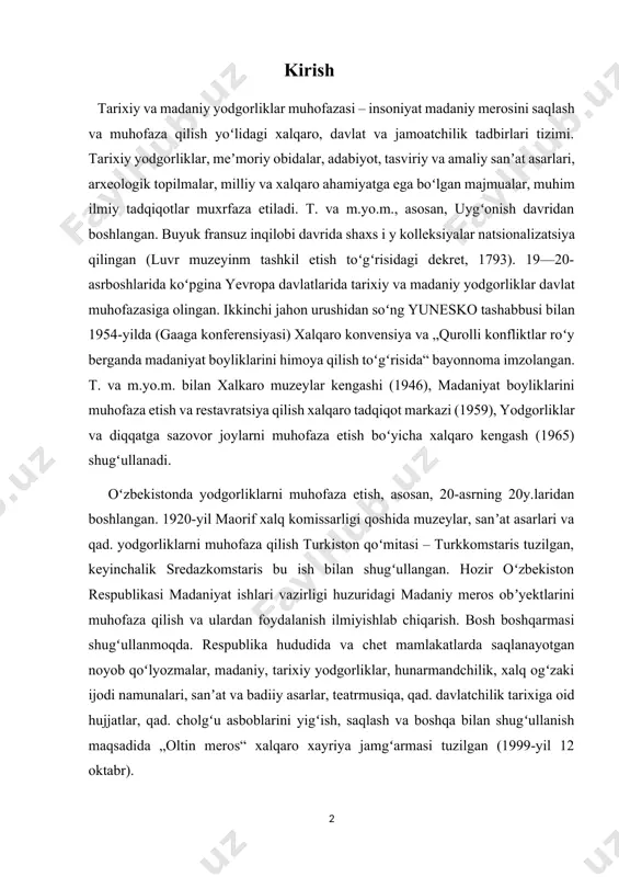 daniy, tarixiy yodgorliklar, hunarmandchilik, xalq ogʻzaki ijodi namunalari, sanʼat va badiiy asarlar, teatrmusiqa, qad. davlatchilik tarixiga oid hujjatlar, qad. cholgʻu asboblarini yigʻish, saqlash va boshqa bilan shugʻullanish maqsadida „oltin meros“ xalqaro xayriya jamgʻarmasi tuzilgan (1999-yil 12 oktabr). tarixiy madaniy yodgorliklarni saqlashning ahamiyati nimada? buxoro tarixiy va madaniy yodgorliklarni saqlash jamiyati (buxkomstaris) — 1920-yillarda oʻrta osiyoning qadimiy shaharlarida koʻp sonli qimmatli tarixiy me’morchilik yodgorliklarini hisobga olgan holda tashkil etilgan uchta muassasadan biridir: buxoroda tashkil etilgan — „buxkomstaris“, samarqandda — „samkomstaris“, xivada - „xivkomstaris“. va shu kabi boshqa joylarda ham tarixiy obidalarni muhofaza qilish komissiyalari tashkil etildi. 1924-yil 30-iyunda moskvadagi sssr sharqshunoslik ilmiy birlashmasida buxoro xalq sovet respublikasi (bxsr) vakillari ishtirokida oʻrta osiyoda ilmiy ishlarni muvofiqlashtirish, birlashtirish masalasiga bagʻishlangan maxsus majlis boʻlib oʻtdi[1]. yigʻilishda „butun sovet oʻrta osiyosi boʻylab oʻlkashunoslik, tabiatni, san’at va antik davr yodgorliklarini muhofaza qilish boʻyicha ilmiy-tadqiqot ishlarini birlashtirish uchun yagona organ yaratish“ zarurligi eʼtirof etildi. 1924-yil 12-okytabrda buxoroda …
