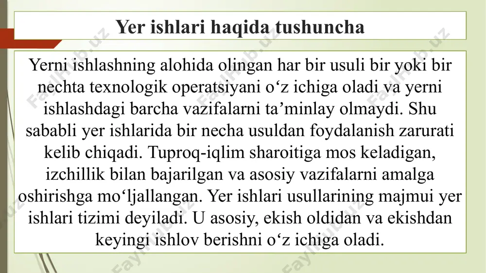 linligi qancha kam bo`lsa, cho`mich shunchalik yaхshi bo`ladi, cho`michni batamоm to`ldirish uchun o`tiladigan yo`l kamayadi. shuning uchun skrеperni tоrtgich eng ko`p tоrtish kuchiga ega bo`lib, to`g’ri chiziq bo`ylab harakatlanayotgan vaqtda birinchi tеzlikda yuqlash kerak. amalda skrеperchi ma’lum vaqt оralig’ida cho`michni vaqt-vaqti bilan ko`tarib-ko`tarib bоradi. xulosa xulosa o’rnida shuni aytish mumkinki, yer ishlarini bajarishda ko’p cho’michli ekskavatorlar keng qo’llanadi. buning asosiy sababi esa bu turdagi ekskavatorlarda ish unumdorligi nisbatan yuqori. yer ishlari uchun ekskavator tanlashda bajariladigan ish hajmi, ish bajarilish davomiyligini hisobga olish orqali iqtisodiy samaradorlikga va yuqori ish unumdorligiga erishish mumkin. adabiyotlar g‘.t. davronov l.x. irmuxamedova“gidromeliorativ ishlarni tashkil etish” toshkent «iqtisod-moliya» 2016-yil в.с.алтунин “приборы и устройства в гидромелиорации” www.ziyonet.uz www.ekskavatori.ru.com www.studfiles.ru image1.png image2.jpeg