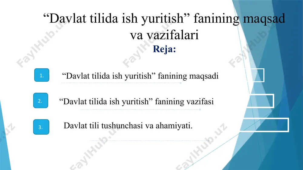 itoring qilish masalalari bo‘yicha bosh mutaxassis atamashunoslik va toponimika sohasida qonun hujjatlari ijrosini monitoring qilish masalalari bo‘yicha bosh mutaxassis toponimik obyektlarga nom berish masalalari bo‘yicha bosh mutaxassis mavzuni mustahkamlash uchun savollar: 1. til, nutq, huquq munosabati. 2. davlat tilining ahamiyati. fsmu texnologiyasi 1. fikringizni bayon eting 2. fikringiz bayoniga misol keltiring 3. sababni tushuntiruvchi misol keltiring 4. fikringizni umumlashtiring. fanning ahamiyati 1.hujjatlarni yagona o‘zbek tilidagi andozalarini yaratish: 2.ish yuritishning asosi mukammal, oqilona hujjatchilikni tashkil etish: 3.rasmiy ish tilining tegishli shakllaridan bemalol foydalana olish; 4.idoraviy ish yuritish malakalarini puxta egallash: 5.davlat tilininh rasmiy ish yuritish maqomini mustahkamlash: 6.tilimiz nufuzini xizmat doiralarida oshirish va rivojlantirish. topshiriq axborotni boshqaruv faoliyati andazalari takomillashuvi munshaot farmon qaror yuqorida berilgan so‘zlar ishtirokida gap tuzing. adabiyotlar asosiy adabiyotlar: 1. aminov m., madaliyev a., mahkamov n., mahmudov n., odilov y. davlat tilida ish yuritish (amaliy qo‘llanma). – toshkent: o‘zbekiston, 2021.-200b. 2. mahmudov n., va b. davlat tilida ish …