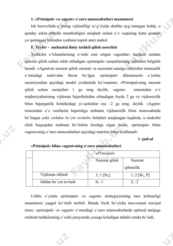 azorat xarajatlarining ortishi «agentlar» sonining o`sishiga to`g`ri proporsional emas. bu yerda «prinsipal» va «agent» o`rtasida axborot asimmetriyasining paydo bo`lishi omilini hisobga olish lozim. uchinchi o`yinchi – «tabiat» bilan o`yinni tahlil qilgan holda, biz ikkita asosiy o`yinchi o`rtasidagi axborot asimmetriyasidan fikrni boshqa tomonga burdik. tashkilot ichida axborot asimmetriyasining paydo bo`lishi sabablarini aniqlash uchun, institutsional tizim sifatida buyruqbozlik tizimini tadqiq qilgan fridrix fon xayekning isbotlarini eslaymiz. xayek nazarida, bitimning barcha ishtirokchilarini teng va to`liq hajmdagi axborot bilan ta’minlovchi mexanizm bo`lib mutlaqo raqobatchi bozorlardagi narxning shakllanishi hisoblanadi. firma doirasida hech qanaqa raqobatli narx shakllanishi to`g`risida gap bo`lishi mumkin emas, «agent»ning o`z mehnatining yakuniy mahsuli qiymatidan muntazam ravishda bosh tortishi ana shundan dalolat berib turibdi. chunki faqat ish haqi mehnatning yakuniy mahsuliga teng bo`lgan taqdirdagina mehnat bozorida muvozanatga erishish mumkin va narx to`liq axborotni o`zida mujassamlantiradi. demak, tashkilotning o`sishiga qarab aylanadigan axborotning murakkablashuvi va ixtisoslashuvi yuz beradi, lekin ular samaradorlik bo`yicha narx-navo mexanizmi bilan …