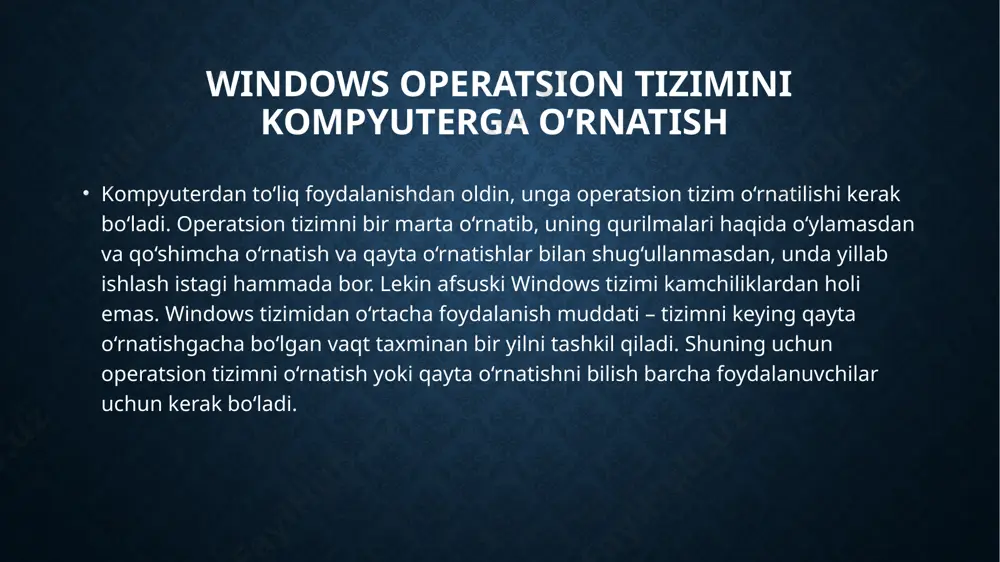 ning ichki aloqasini qayta tiklash mumkin. ilovalarning ishlash xususiyati saqlanadi, muammolar yo‘q bo‘ladi. windows operatsion tizimini o‘rnatish jarayoni har qanday usulda ham deyarli bir xil. birinchi bosqich – o‘rnatish ustasini (master ustanovki) tayyorlash va ishga tushirish. bunda foydalanuvchi qatnashmaydi va joriy operatsion muhitning doirasida amalga oshiriladi. kompyuterga qo’shimcha yangi qurilmalarni ulash kompyuterga qo’shimcha qurilamalar portlar orqali ulanadi. tashqi qurilmalarni ulash uchun kiritish/chiqarish kontrollerlarining ketma-ket va parallel portlari ishlatiladi, odatda, ularning razyomlari kompyuterning orqa panelida joylashtirilgan. portlar ma’lumotlarni bir yo‘nalishda uzatishni (simpleks ish tartibi), yo‘nalishlarni qayta ulashni (yarim dupleks ish tartibi) va har ikkala yo‘nalishlarda (dupleks ish tartibi) ma’lumotlarni uzatish ish tartiblarida ishlashi mumkin. abonentlarning ulanish topologiyasi ikki nuqtali (rs-232s interfeys uchun) yoki tarmoqlangan (vsb yoki fire wire) bo‘lishi mumkin. portlar parallel va ketma-ket turlarga bo‘linadi. parallel port printer, skaner yoki tashqi jamlagichni ulash uchun ishlatiladi. tashqi qurilmani parallel portga ulash maxsus kabel orqali amalga oshiriladi, u bir necha bitlarni bir …