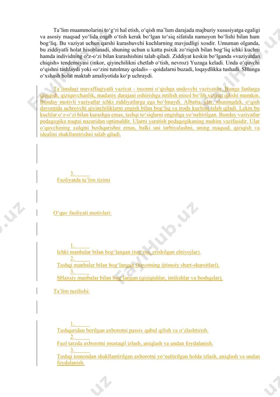 rda amalga oshadi. bunday maqsadga yo‘naltirilgan o‘rganishni tashkil etish – ta’lim deb ataladi. uning eng keng tarqalgan turi – maktab ta’limi. lekin ko‘plab boshqa muassasalarda ham ta’lim beriladi, masalan, rasm chizish, musiqa, o‘z-o‘ziga xizmat qilish ko‘nikmalari va boshqalarga bolalar bog‘chasida o‘rgatiladi. ta’lim elementlari oilaviy tarbiyada kuzatiladi (jamiyatda o‘zini to‘g‘ri tutish) va hokazo. o‘quv jarayonida bilim, malaka, ko‘nikmalar passiv emas, balki o‘qituvchi va o‘quvchining faol ishtirokida beriladi. ta’limni o‘rganuvchi va o‘rgatuvchi orasidagi o‘zaro faol harakat jarayoni, deb tavsiflash mumkin, buning natijasida o‘rganuvchida ma’lum bir bilim, malaka va ko‘nikmalar shakllanadi. bu jarayonni boshqarib, sifatli qilish, natijada eng samarali darajaga erishish pedagogika fanining (nazariya, metodika va amaliyot) asosiy vazifalaridan biri bo‘lib hisoblanadi. ta’lim muammolarini to‘g‘ri hal etish, o‘qish ma’lum darajada majburiy xususiyatga egaligi va asosiy maqsad yo‘lida engib o‘tish kerak bo‘lgan to‘siq sifatida namoyon bo‘lishi bilan ham bog‘liq. bu vaziyat uchun qarshi kurashuvchi kuchlarning mavjudligi xosdir. umuman olganda, bu ziddiyatli holat hisoblanadi, shuning …