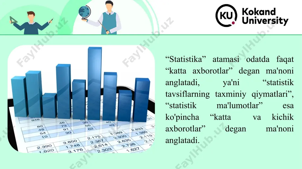 yig`indisi ko`rinishida amalga oshirilgan statistikaning turli tarmoqlari yoki ularning yig`indisi bo`yicha ma’lumotlar bazasini yaratish uchun foydalaniladi. this presentation uses a free template provided by fppt.com www.free-power-point-templates.com tayyor hujjatlar banki (txb) o`zida ayrim axborot va jadvalli statistik ma’lumotlarni saqlovchi hujjatli - grafik ma’lumotlar bazasini yaratish uchun qo`llaniladi. txb turli abonentlar uchun ma’lumotlar bazasiga kirishni ta’minlovchi telekommunikatsiyaviy vositalarning keng servis imkoniyatlarini namoyish etadi. this presentation uses a free template provided by fppt.com www.free-power-point-templates.com bundan tashqari davlat statistika qo`mitasi va boshqa davlat organlarining axborot tizimlari o`rtasida o`zaro hamkorlikni tashkil etish bo`yicha ishlarni davom ettirish kerak, bu quyidagi asosiy vazifalarni amalga oshirishni ta'minlaydi: turli idora va tashkilotlarning ishlarini yagona axborot makoniga sinxronlashtirish; idoralararo ma'lumot almashinuvi tezligini oshirish; boshqaruv jarayonlarini optimallashtirish; ma'lumotlarni bir marta kiritish va xujjat almashinuvini integratsiya qilish orqali mehnat xarajatlarini kamaytirish; foydalanuvchilar uchun «yagona darcha» yaratish. this presentation uses a free template provided by fppt.com www.free-power-point-templates.com statistik axborot tizimi murakkab tizimlarning oldiga …