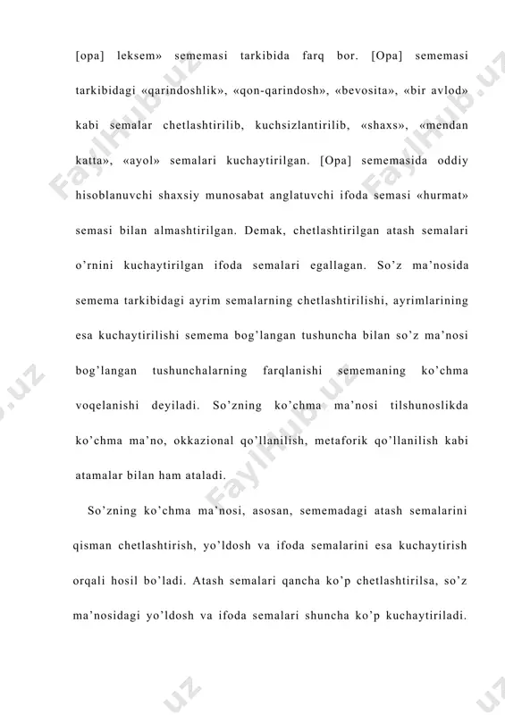 so’zlardan leksemalar rivojlangani kabi nutqiy, ko’chma ma’nolarda sememalar ham rivojlanishi mumkin. tilshunoslikda so’zlardagi boshqa ko’chma ma’nolar, ya’ni sinekdoxa, metonimiya va vazifadoshlik (funksiyadoshlik) asosida hosil qilingan ko’chma ma’nolar ham ajratiladi. quyida shular asosida hosil qilingan ko’chma ma’nolarning sememaga munosabati masalasiga to’xtalamiz. sinekdoxa yo’li bilan hosil qilingan ko’chma ma’no deganda, «bir narsaning nomi bilan uning biror qismi (bo’lagi)ni atash, yoki aksincha, qismning nomi bilan shu qism mansub bo’lgan butunni atash» tushuniladi. qiyoslang: (mol tuyog’ini ko’paytiramiz.) (ular tirnoqqa zor edi.). sistem tahlil nuqtai nazaridan sinekdoxik ko’chma ma’no nutqiy ma’no sanalishi mumkin emas. chunki bu usuldagi ko’chma ma’noning hosil bo’lishi hech qanday qonun-qoidaga bo’ysunmaydi. jumladan, daraxt shox, ildiz, barg, ta​na kabi tarkibiy qismlardan iborat. ammo ayni vaqtda daraxt qismlarining nomlari uni (daraxtni) atab kela olmaydi. faqat daraxtning mevasigina daraxtni ham atab kela oladi. yuqorida ko’rib o’tganimizdek, bu nutqiy hosila ma’no emas, balki bir leksemaning ikki yoki uch sememaga aloqadorligidir. ushbu jarayon leksemalardagi bir va …