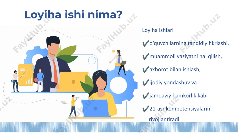 oxirida o‘quvchi o‘z ishini ko‘rsatadi: bu taqdimot bo‘lishi mumkin, plakat, video rolik, maket yoki boshqa turdagi mahsulot bo‘lishi mumkin. bu o‘quvchining mehnati e’tirof etilishiga olib keladi. ekrandagi chiroq shaklidagi diagramma esa loyihaning bosqichma-bosqich o‘sishini – g‘oya, tadqiqot va o‘rganish orqali rivojlanishini anglatadi. 7 loyiha ishini tashkil etish bosqichlari: 1. loyihaning mavzusini tanlash 2. maqsad va vazifalarni aniqlash 3. reja bosqichlarini aniqlash 4. ijro bosqichi 5. natijani taqdim etish 6. baholash o‘rganish tadqiqot g‘oya 1. loyiha mavzusini tanlash eng birinchi va eng muhim qadam — bu mavzuni tanlashdir. mavzu: o‘quvchilarning yoshi va bilim darajasiga mos bo‘lishi kerak, dolzarb, hayotga yaqin va o‘quvchilarni qiziqtira oladigan bo‘lishi kerak. misollar: – “raqamli texnologiyalar yordamida suv va elektrni tejash” – “ijtimoiy tarmoqlarda shaxsiy ma’lumotlarni himoya qilish” – “mahsulotlar narxini taqqoslash” bu kabi mavzular o‘quvchiga hayotiy muammolarni tushunish va hal qilishda yordam beradi. 2. maqsad va vazifalarni aniqlash bu bosqichda o‘quvchi nimani o‘rganmoqchi ekanini aniq belgilaydi. …
