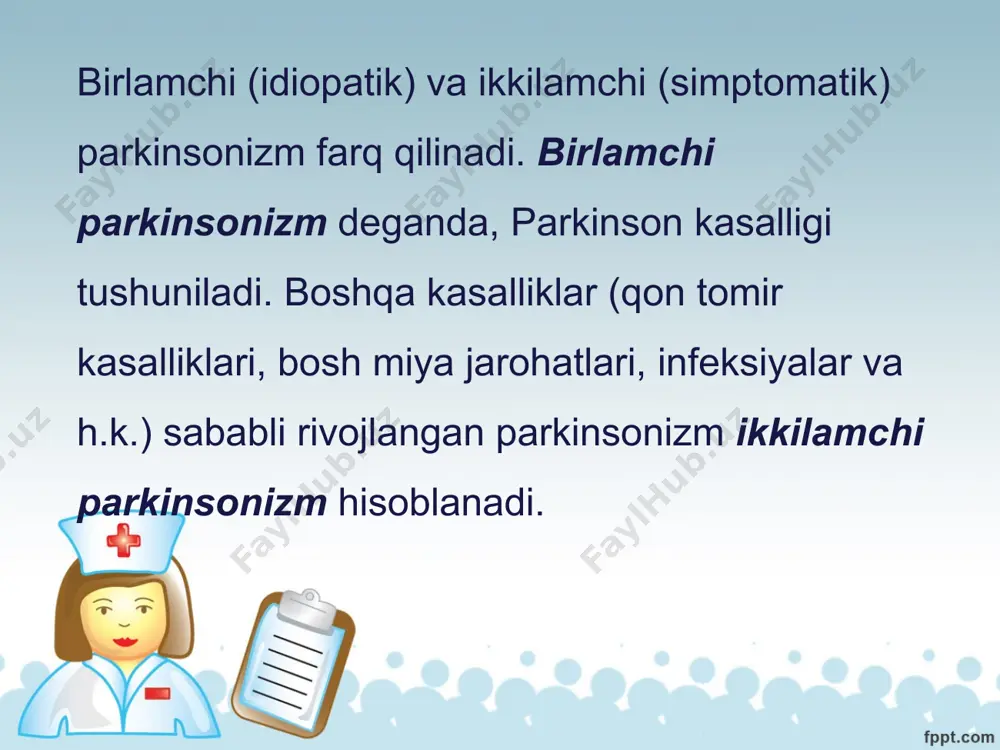 droksilaza fermentining tug‘ma yetishmovchiligidir. bu ferment tirozinning l-dioksi fenilalaninga (l-dofa) aylanishini ta’minlaydi. shu ketma ketlikda l-dofa dofaminga, dofamin noradrenalinga, noradrenalin esa adrenalinga aylanadi. ekstrapiramidal yadrolarda ro‘y beradigan mediatorlar disbalansi, ya’ni da miqdori oshib ketishi va ax kamayishi parkinsonizm patogenezida turtki vazifasini o‘taydi. ikkilamchi parkinsonizm ushbu kasallikka nasliy moyilligi bor har qanday odamda va har qanday yoshda rivojlanishi mumkin. nasliy moyillik deganda, tirozingidroksilaza fermentining yashirin yetishmovchiligi ko‘zda tutiladi. parkinsonizmda paydo bo‘ladigan tremor patogenezi: serotonin va gistamin mediatorlari orasidagi disbalans yetakchi o‘rinni egallaydi. ushbu tremor mns tomonidan boshqarilib, agonist va antagonist mushaklarning galma-gal qisqarishlari sababli ro‘y beradi k l i n i k a s i parkinsonizm klinikasini belgilab beruvchi asosiy simptomlar: bular ixtiyoriy harakatlar buzilishi, mushaklar rigidligi va tinch holatdagi tremor. ular quyidagilardan iborat: gipokineziya − harakatlar sustligi; oligokineziya − harakatlar kamligi; akineziya − harakatlar yo‘qligi; mushaklar rigidligi; tinch holatdagi tremor parkinsonizmda harakatlar hajmi kamaygan bo‘lsa-da, mushaklar kuchi saqlanib qoladi. bu …