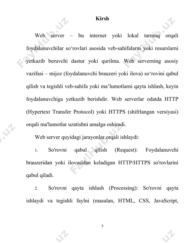 bir nechta domenlarni bitta serverda boshqarish imkonini beradi. masalan, bir serverda bir nechta saytlarni joylashtirishda yordam beradi. · server modullari: turli xil web serverlarda qo‘shimcha funksiyalar uchun modullar mavjud. masalan, apache uchun mod_rewrite yoki mod_ssl kabi modullar orqali server imkoniyatlari kengaytiriladi. · ssl/tls: https orqali xavfsiz so‘rovlarni amalga oshiruvchi shifrlash mexanizmi. sertifikatlar orqali ma'lumotlar shifrlanadi va xavfsiz ulanishlar ta'minlanadi. web serverlarning ishlash prinsiplari web serverlar mijoz-server arxitekturasi asosida ishlaydi. web serverning asosiy vazifasi – foydalanuvchidan kelgan http/https so'rovlarini qabul qilish, so‘ngra bu so‘rovlarni qayta ishlash va javobni qaytarish. web serverning ishlash jarayonini quyidagicha tasvirlash mumkin: so‘rov yuborish (client request): foydalanuvchi brauzer orqali ma'lum bir domen manziliga murojaat qiladi. bu murojaat odatda http/https so'rovi shaklida bo'ladi. so‘rovni qayta ishlash (server processing): so‘rov web serverga yetib kelgandan so‘ng, server bir necha bosqichlardan o‘tadi: · ip manzilga asoslangan yo‘naltirish. · domenni va url-ni tekshirish. · tegishli fayl yoki resursni topish va ma'lumotlarni qayta …
